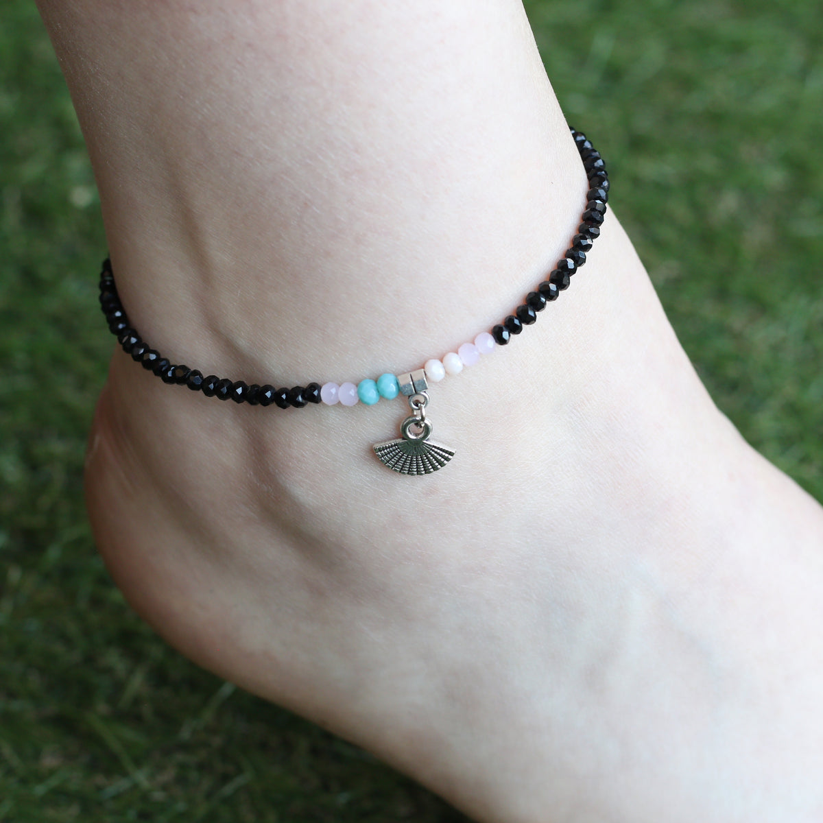 Black beaded turquoise fan charm dangle slim anklet — Boho Jewellery UK | The Colourful Aura