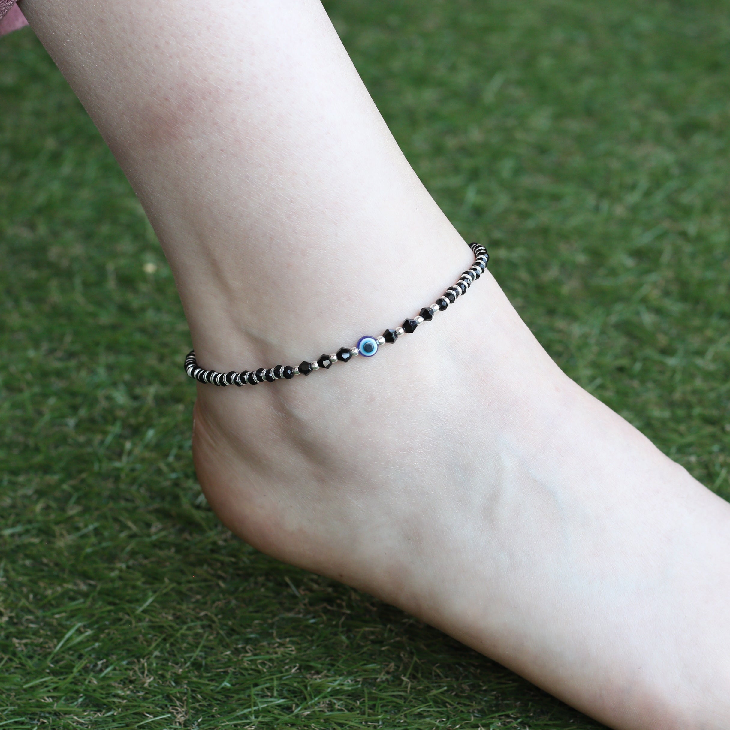 925 Silver Black Beaded Evil Eye Nazar Payal Anklet