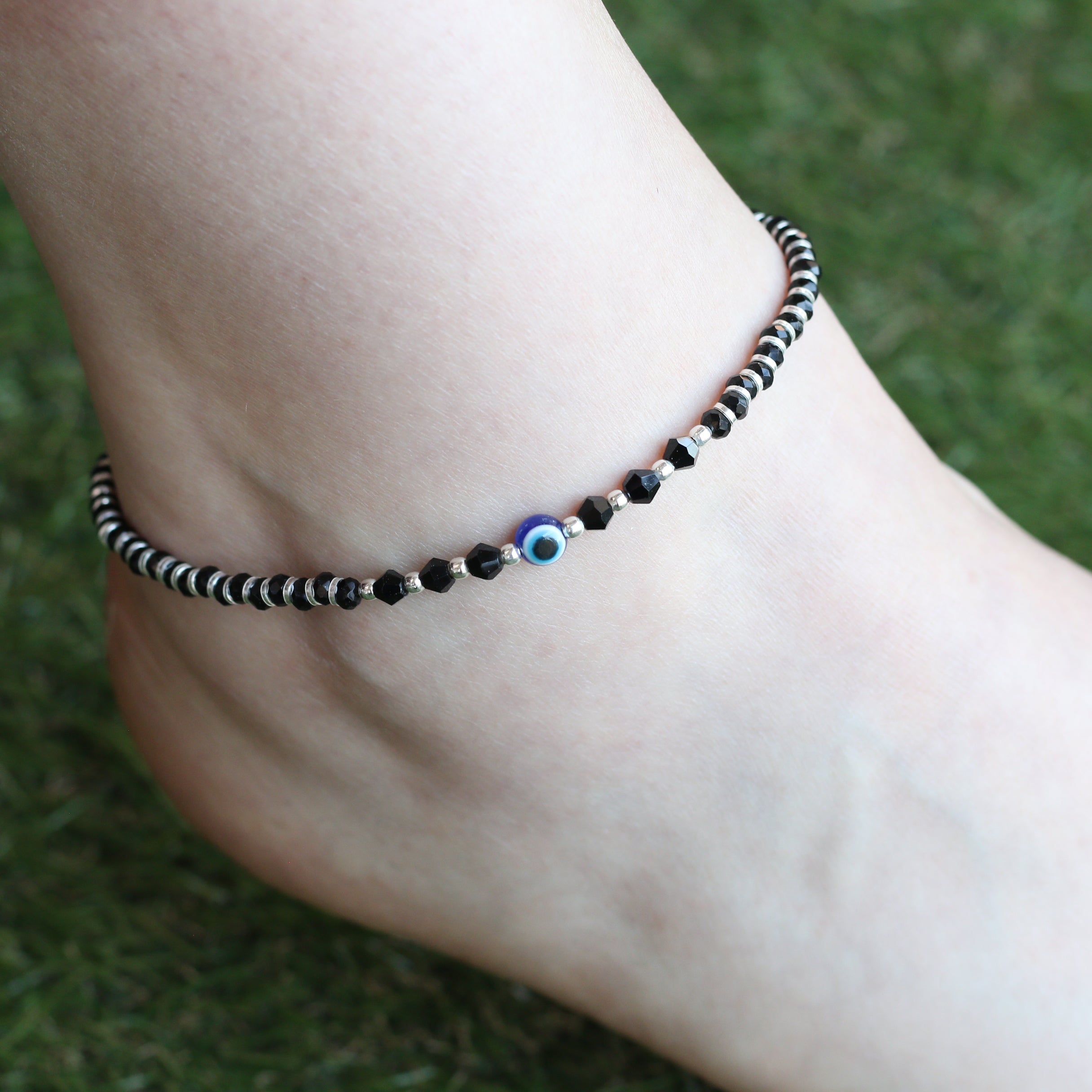 925 Silver Black Beaded Evil Eye Nazar Payal Anklet