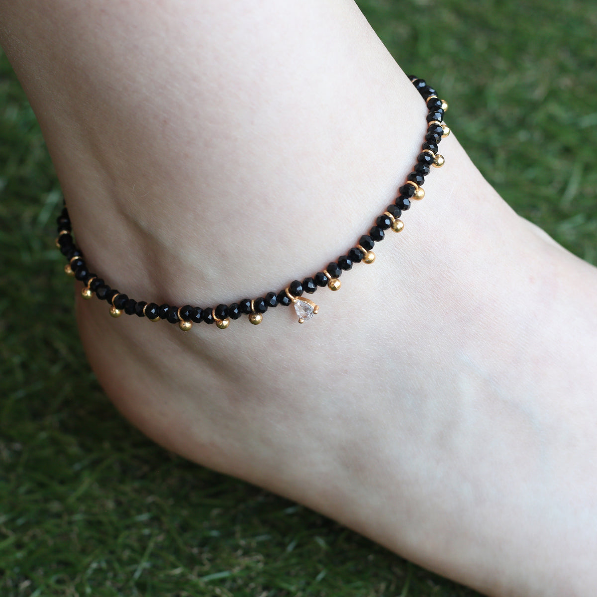 Black beaded gold dangle slim nazar payal anklet — Boho Jewellery UK | The Colourful Aura