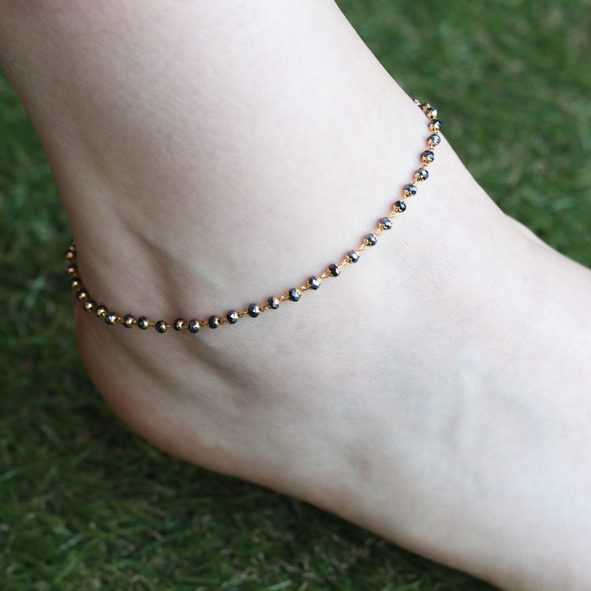 Black gold beaded slim foot anklet payal — Boho Jewellery UK | The Colourful Aura