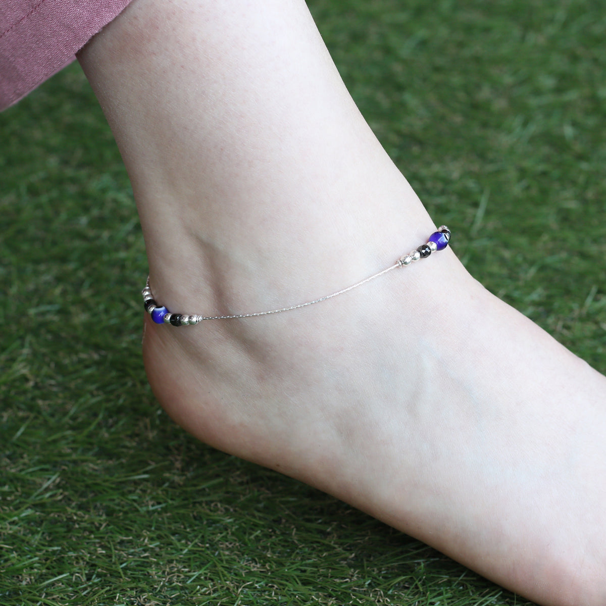 Pure Silver Beaded Evil Eye Nazar Payal Anklet — Boho Jewellery UK | The Colourful Aura