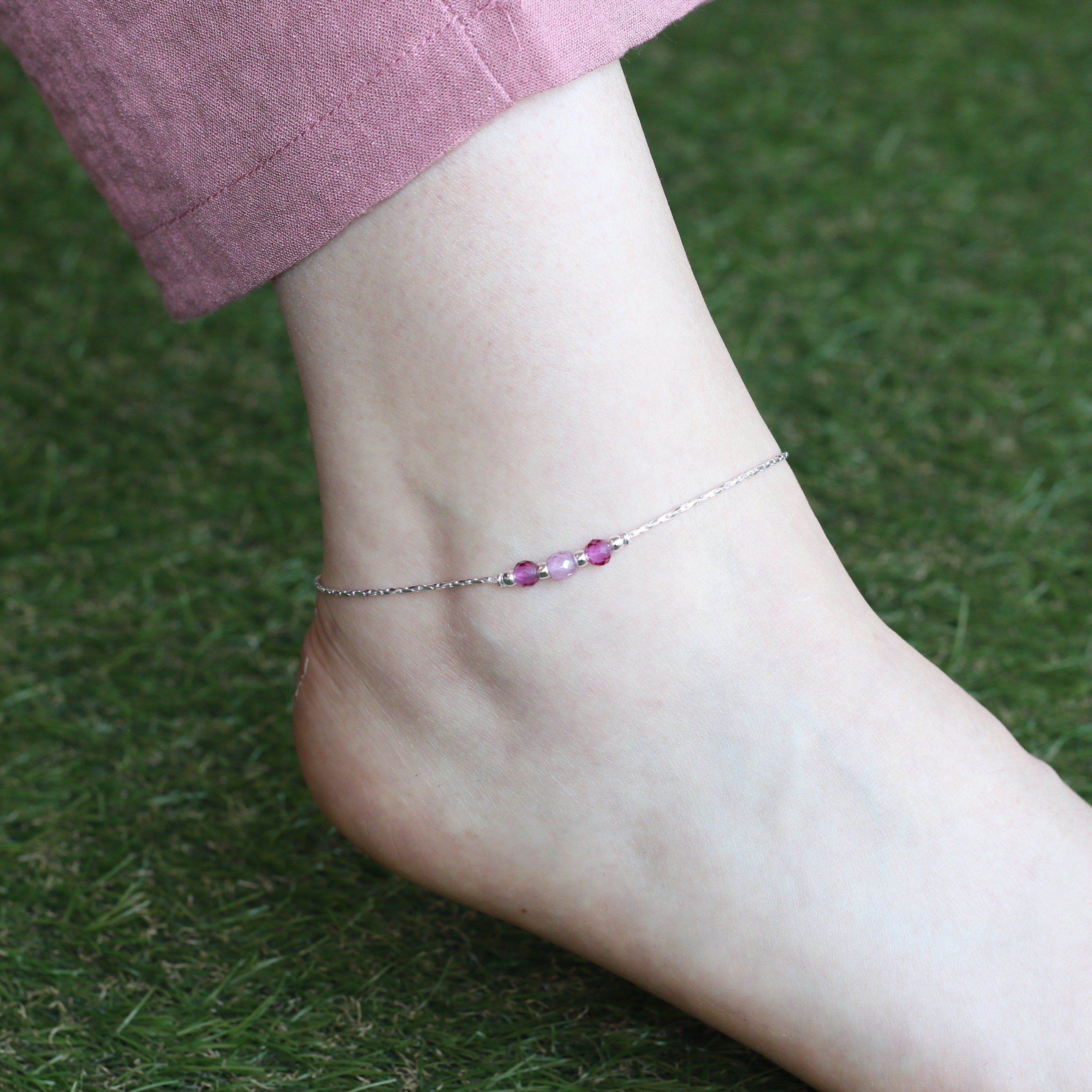 Pure Silver Colourful beaded Summer Indie Boho Indian Payal Anklet