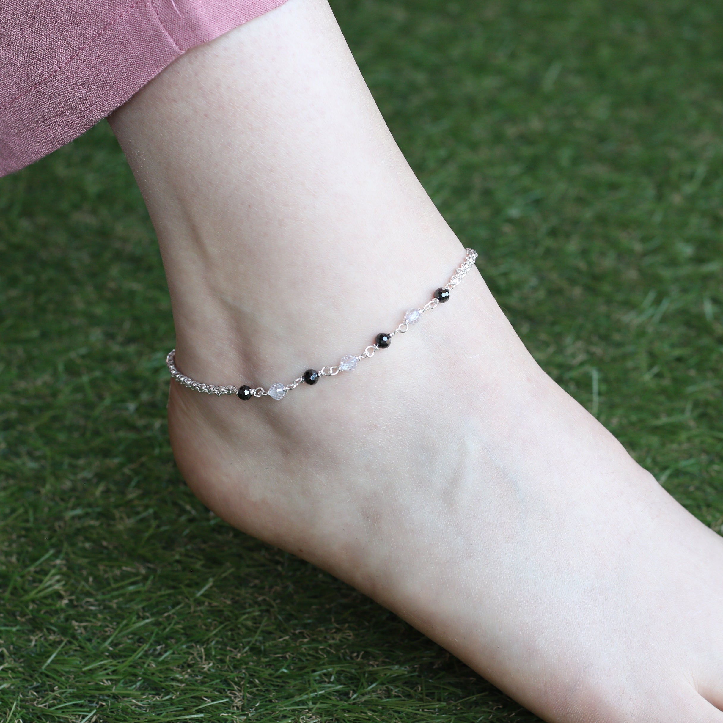 Sterling Silver black beaded Summer Indie Boho Indian Payal Anklet