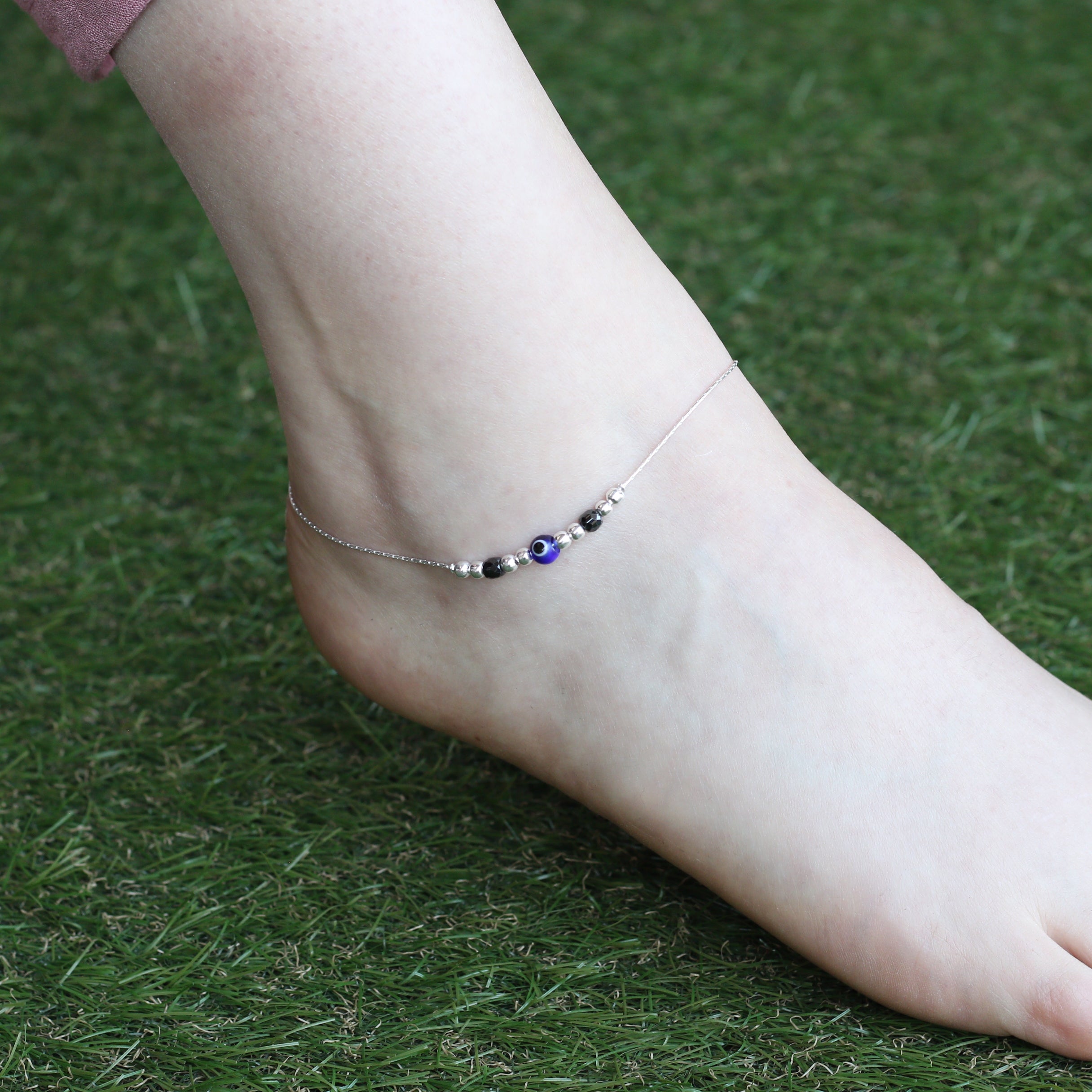 Pure Silver Beaded Evil Eye Nazar Payal Anklet