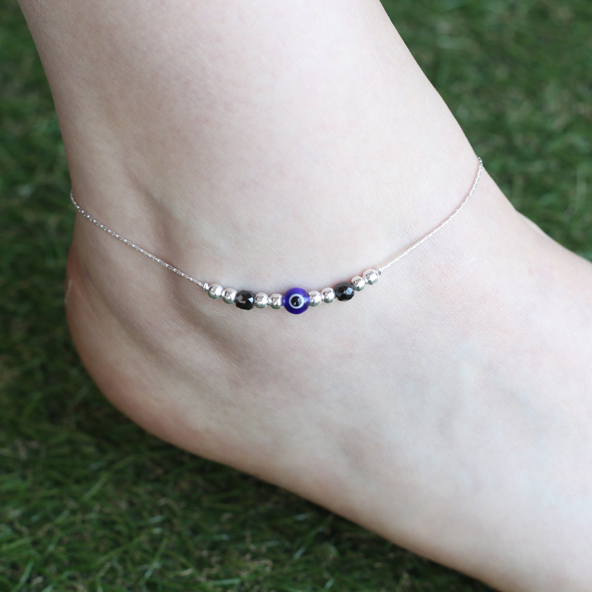 Pure Silver Beaded Evil Eye Nazar Payal Anklet — Boho Jewellery UK | The Colourful Aura