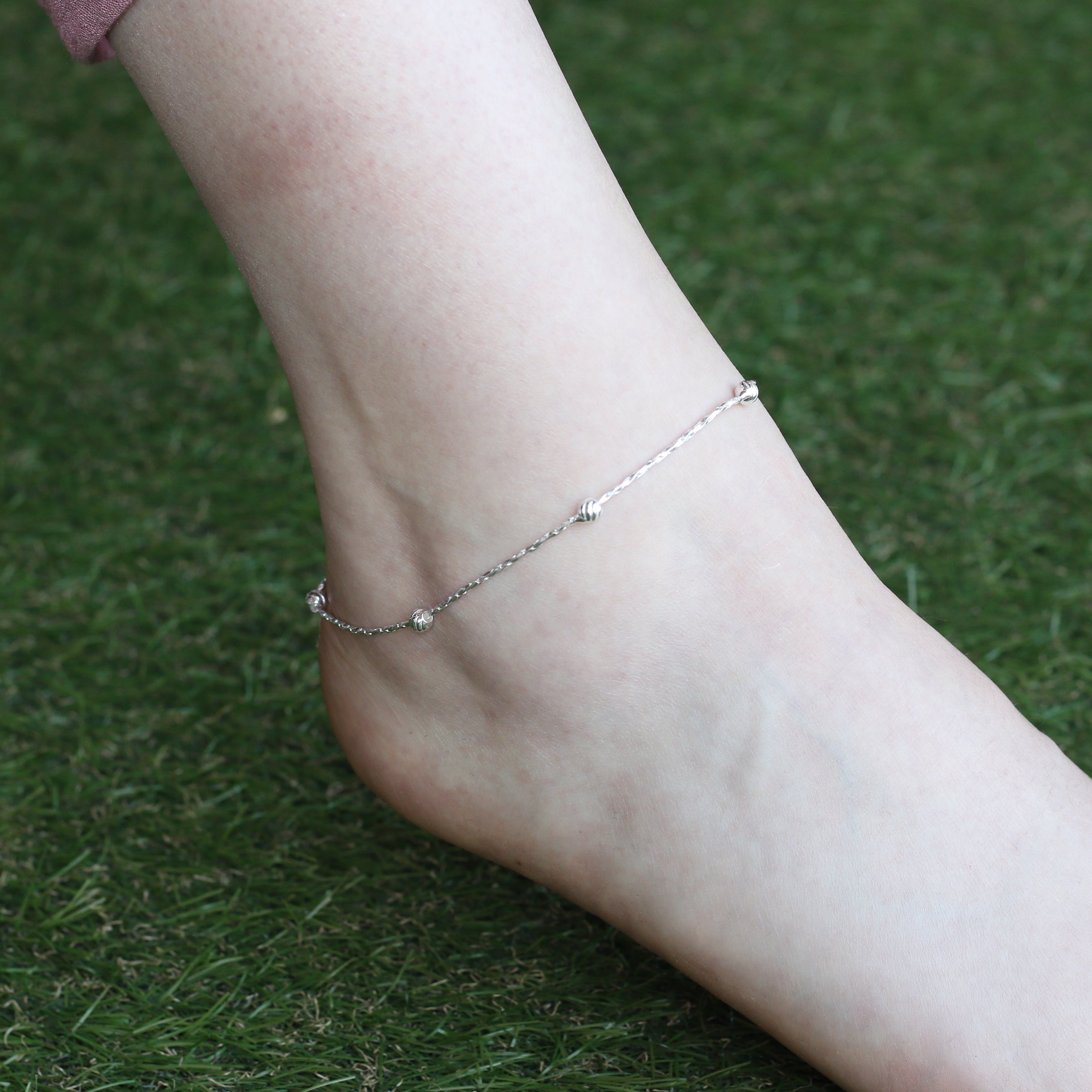 Plain Silver Anklet Chain Pure Silver Five Ball Plain Thin Rope