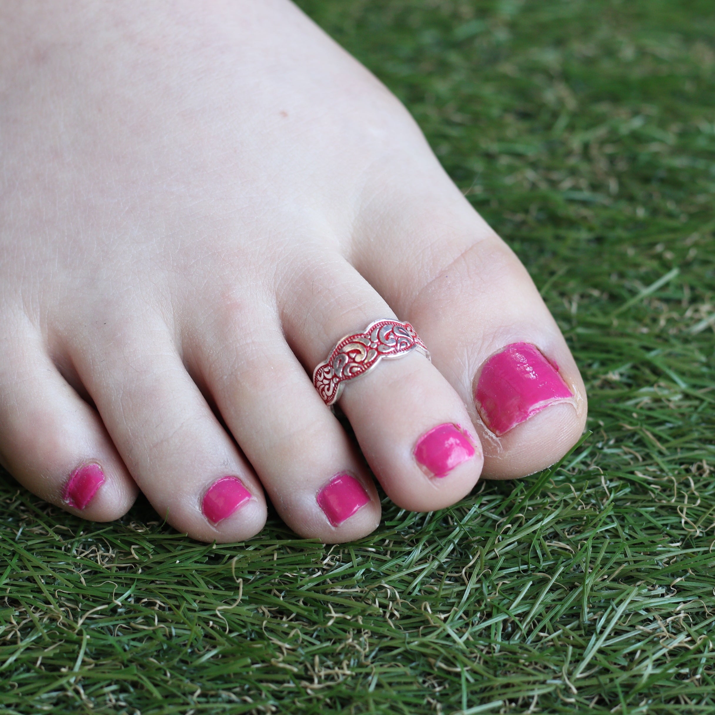 Red Adjustable Silver Midi Band Dainty Beach Toe Ring Set