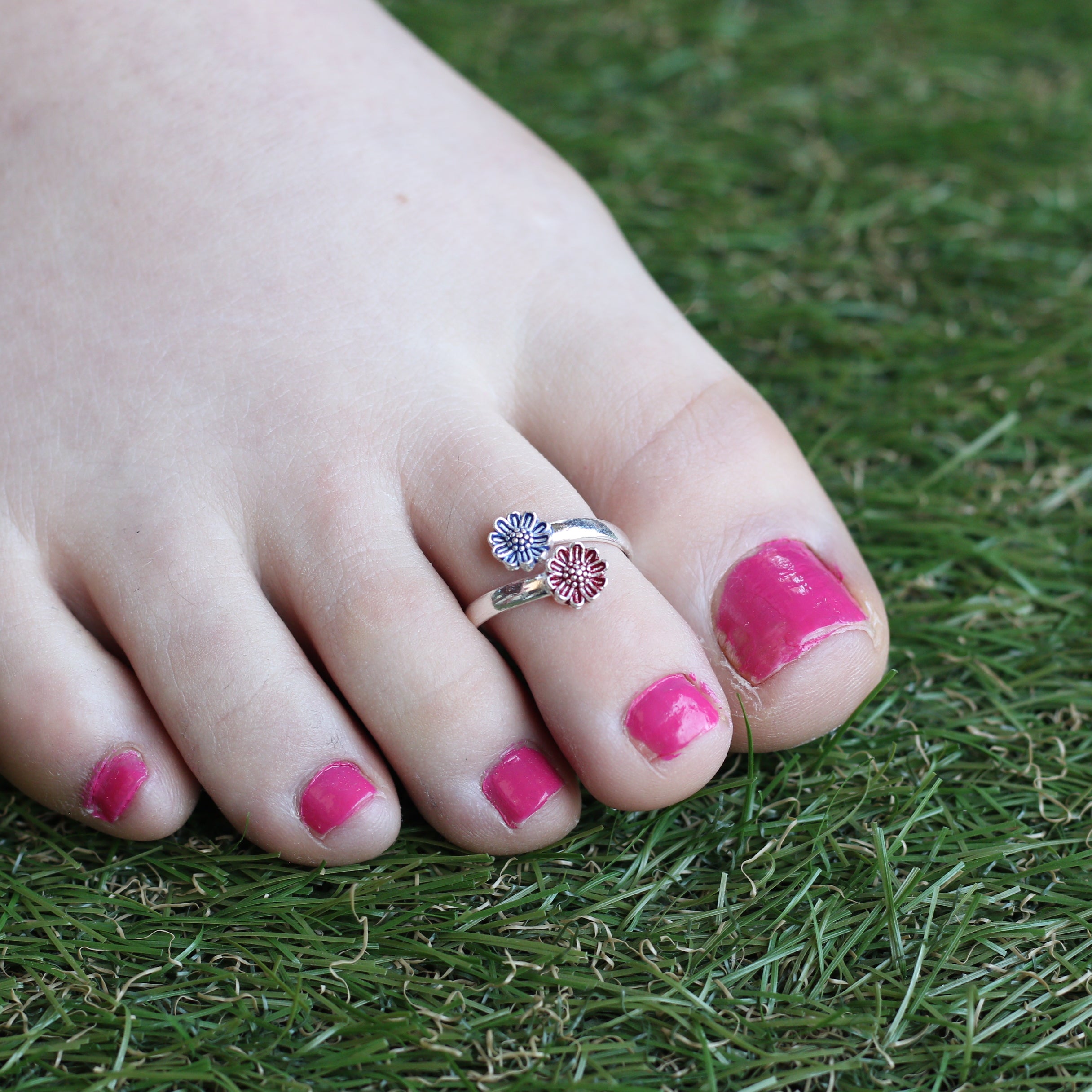 925 Silver Floral Red Blue Bohemian Midi Band Dainty Beach Toe Ring