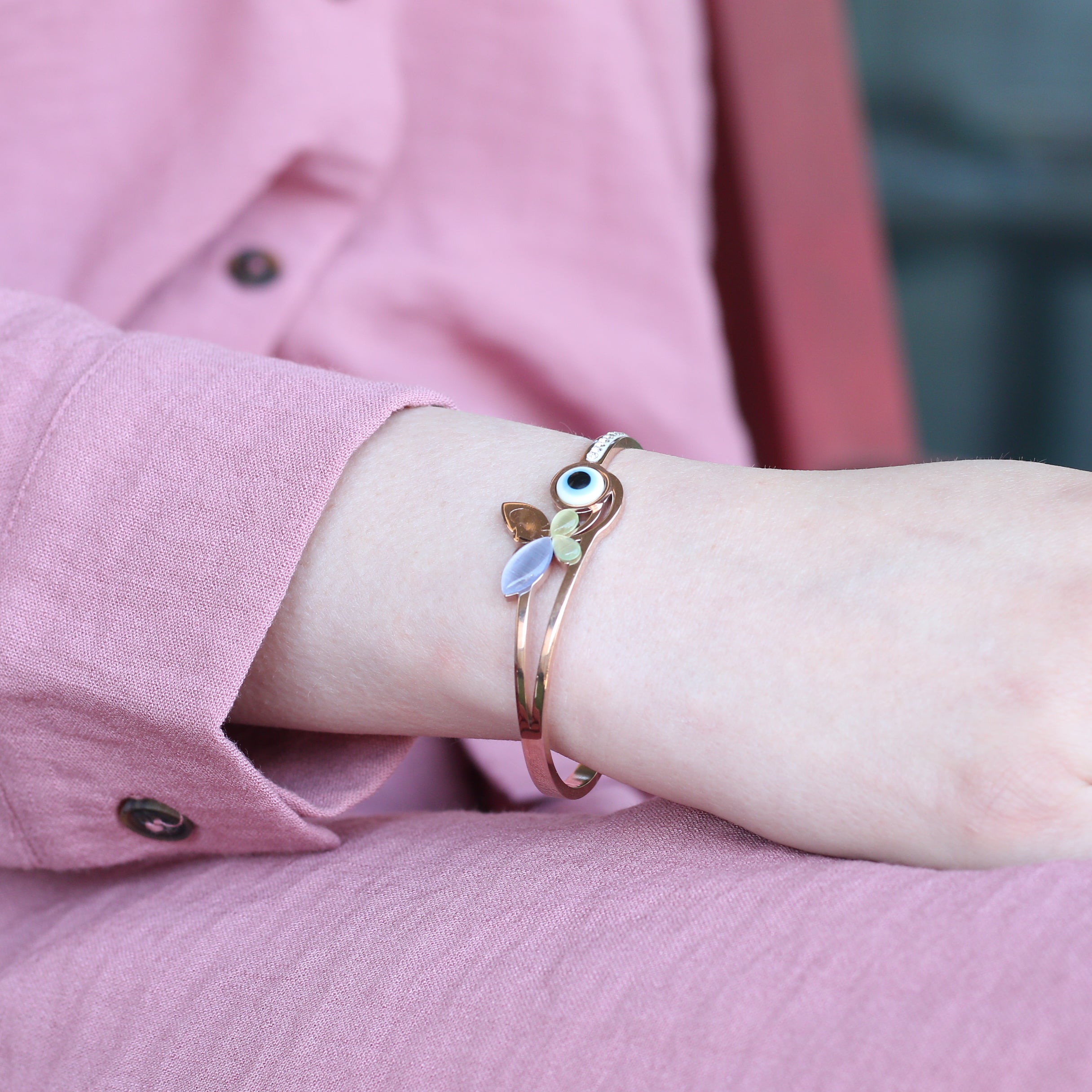Large colourful butterfly Evil Eye Open Cuff Bangle Bracelet