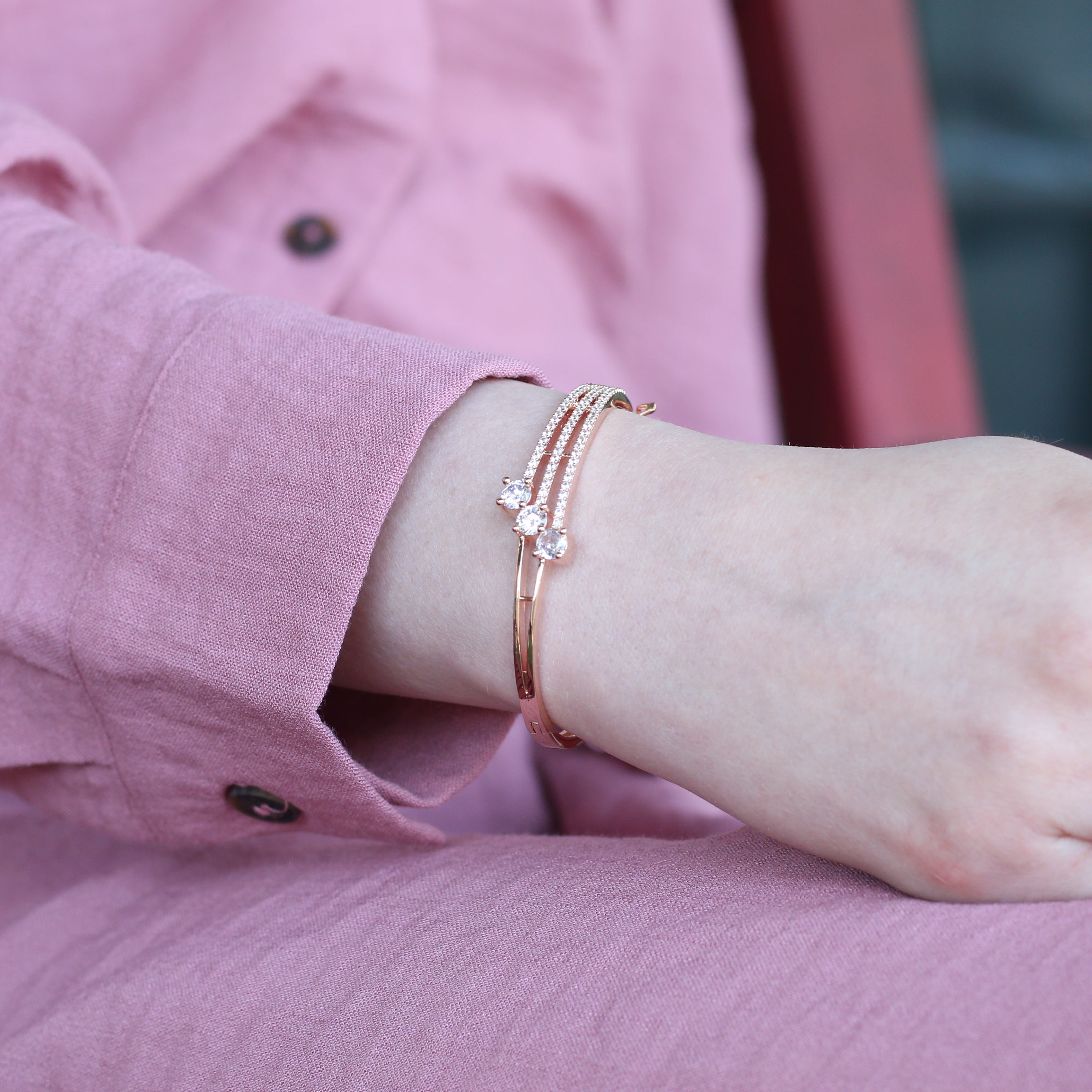 Brass three layer Zircon Luxury Wrist Bangle Bracelet