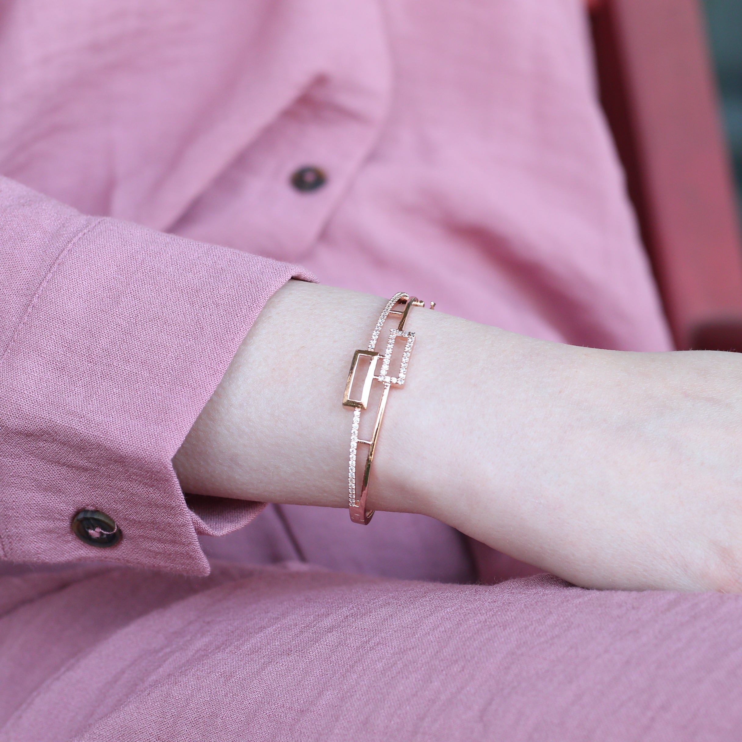 Brass Zircon Rectangle Luxury Wrist Bangle Bracelet
