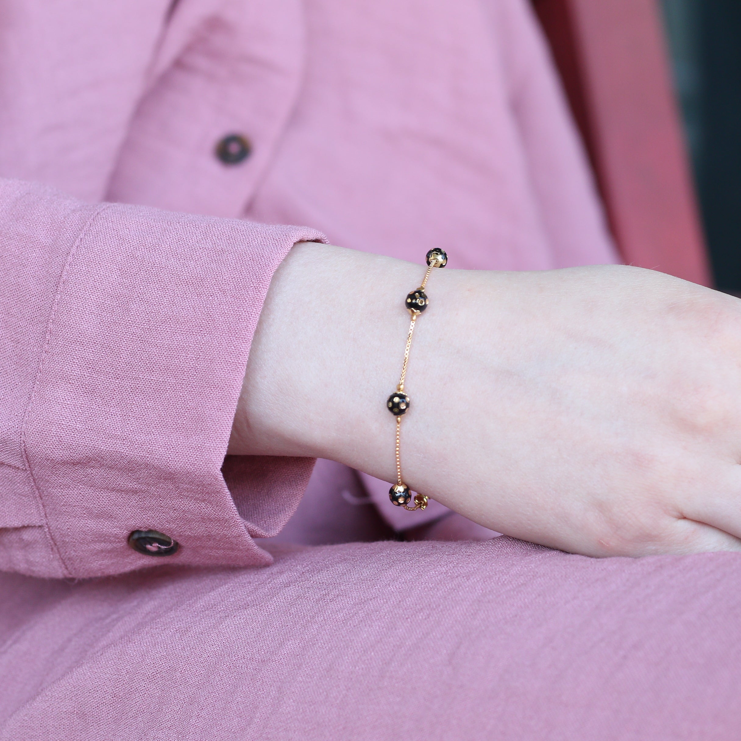 Black Ball Slim Gold Plated Elegant Bracelet