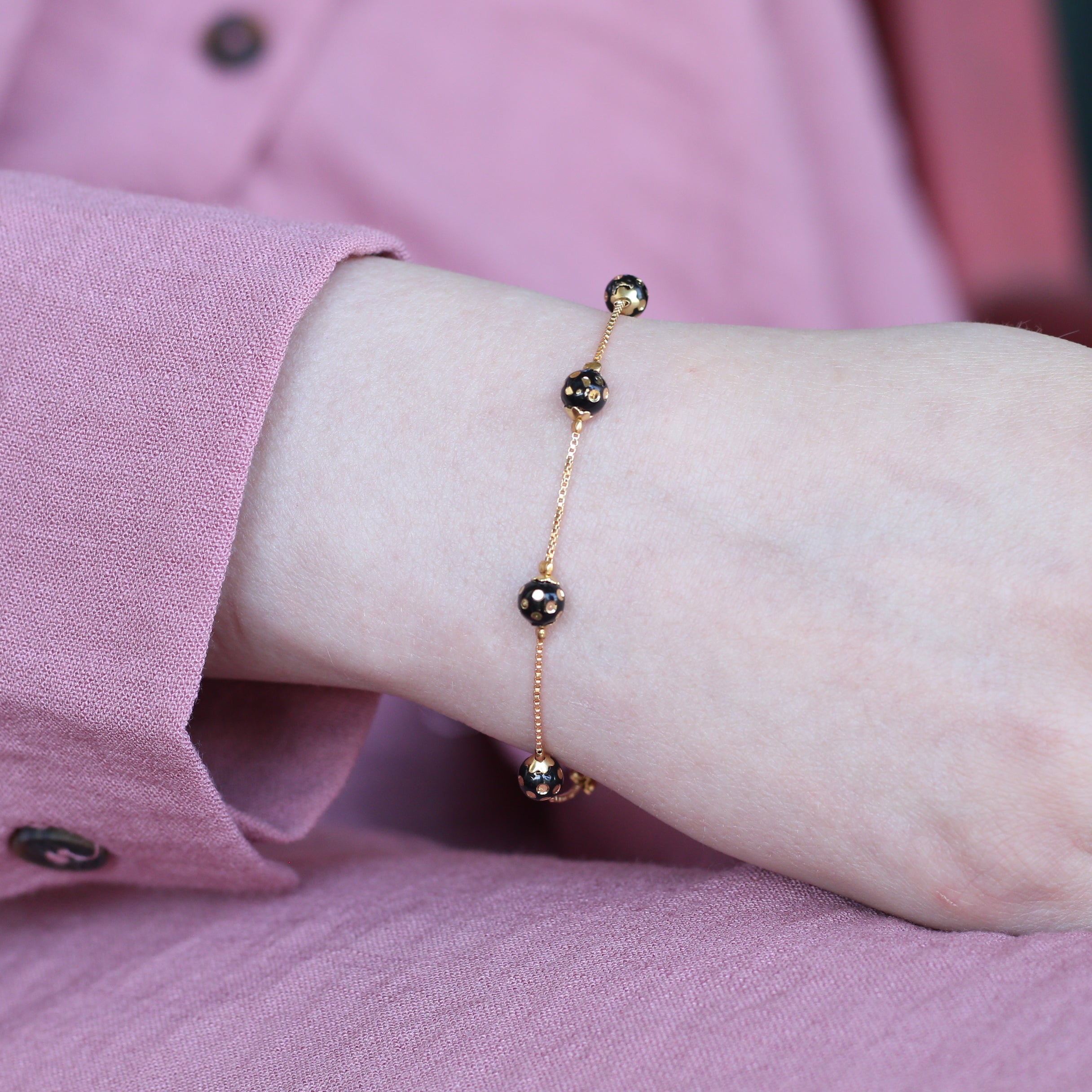 Black Ball Slim Gold Plated Elegant Bracelet