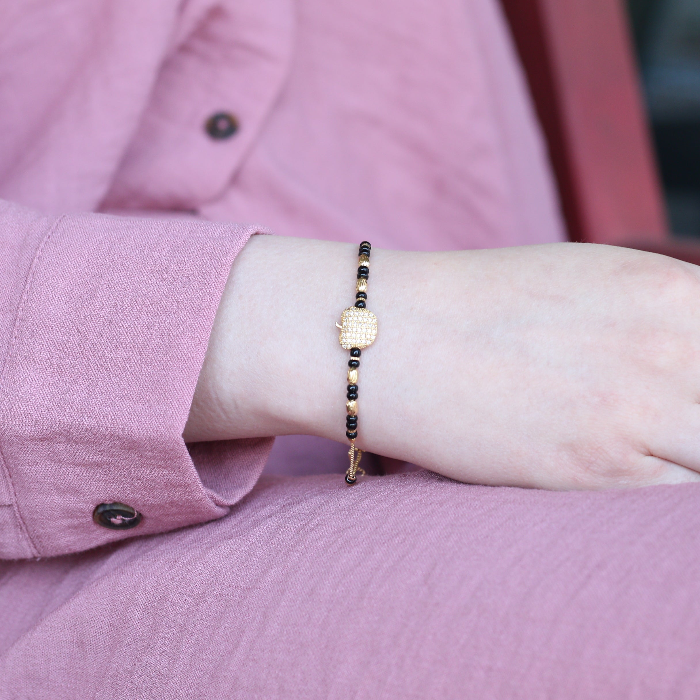 18k Gold plated Black Bead Nazar Charm bracelet