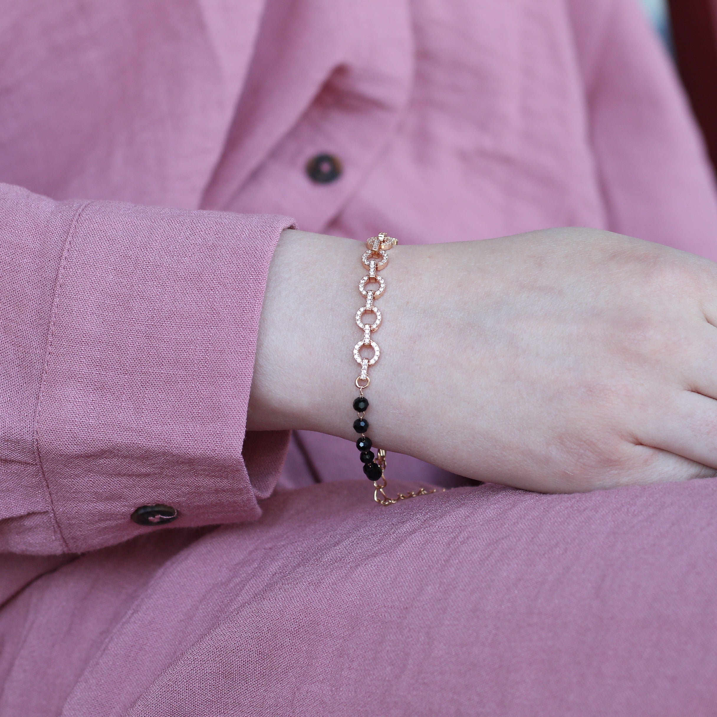 Zircon Round Chain Link beaded Adjustable Bracelet