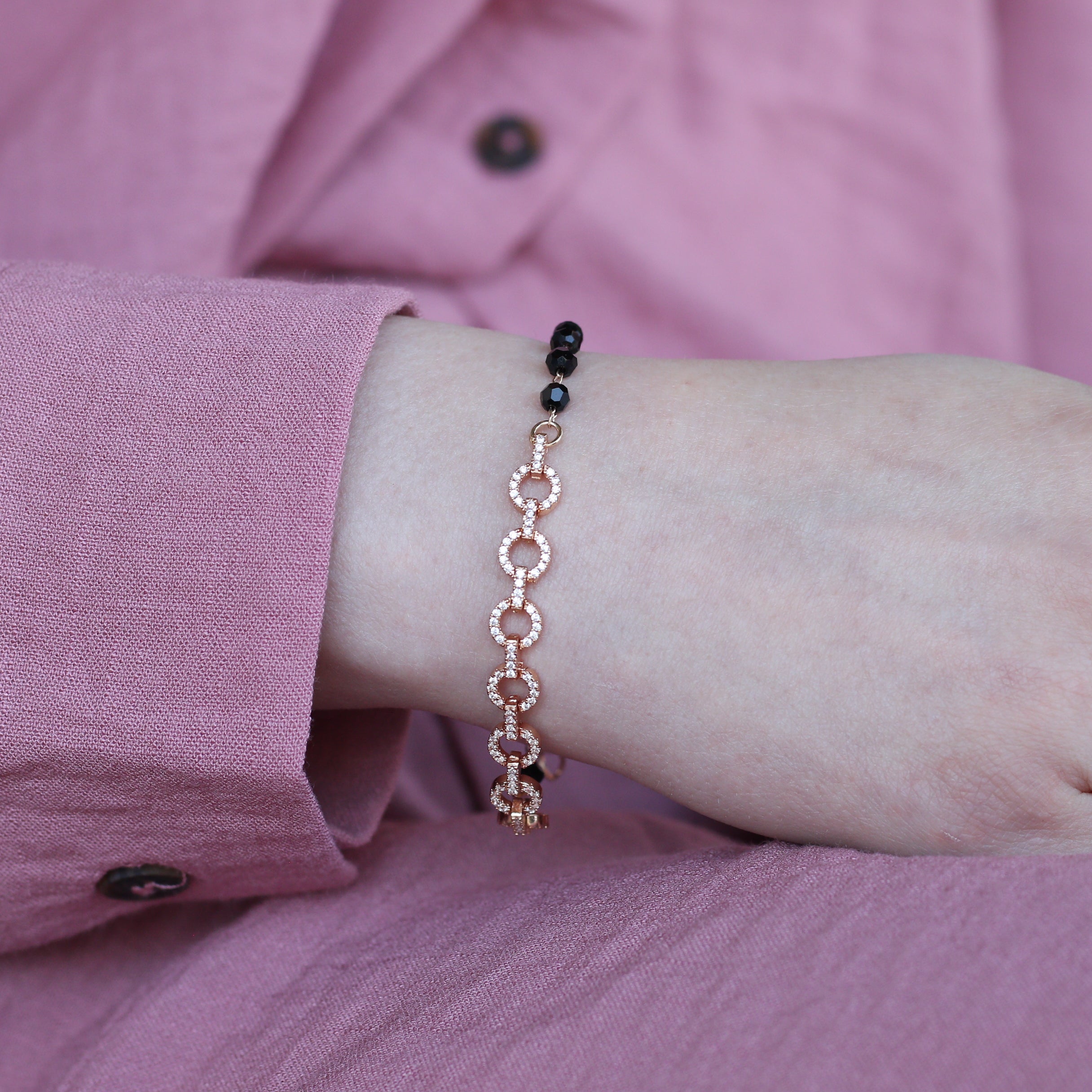 Zircon Round Chain Link beaded Adjustable Bracelet