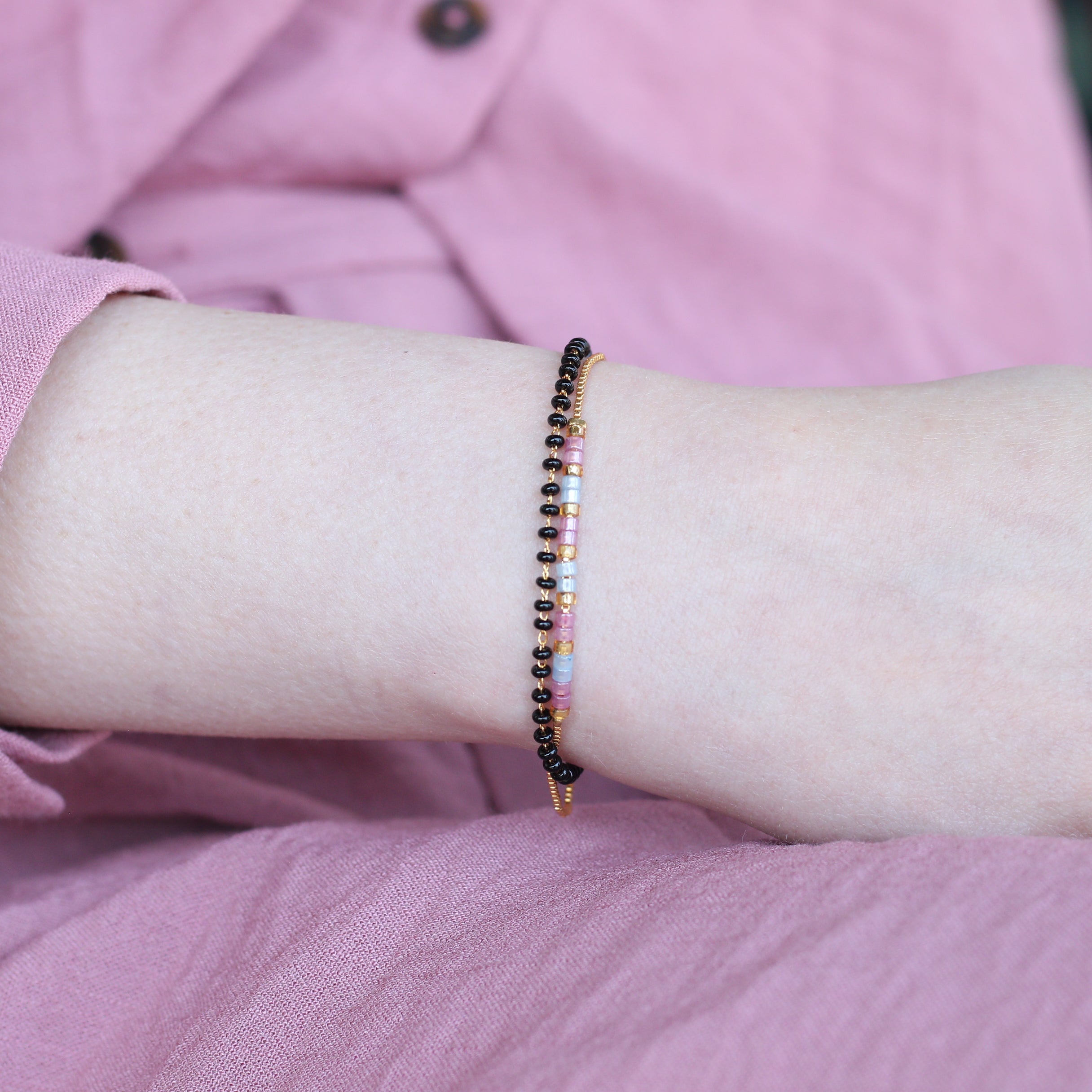 Two layer Black Beaded Plain Unisex Mangalsutra Bracelet