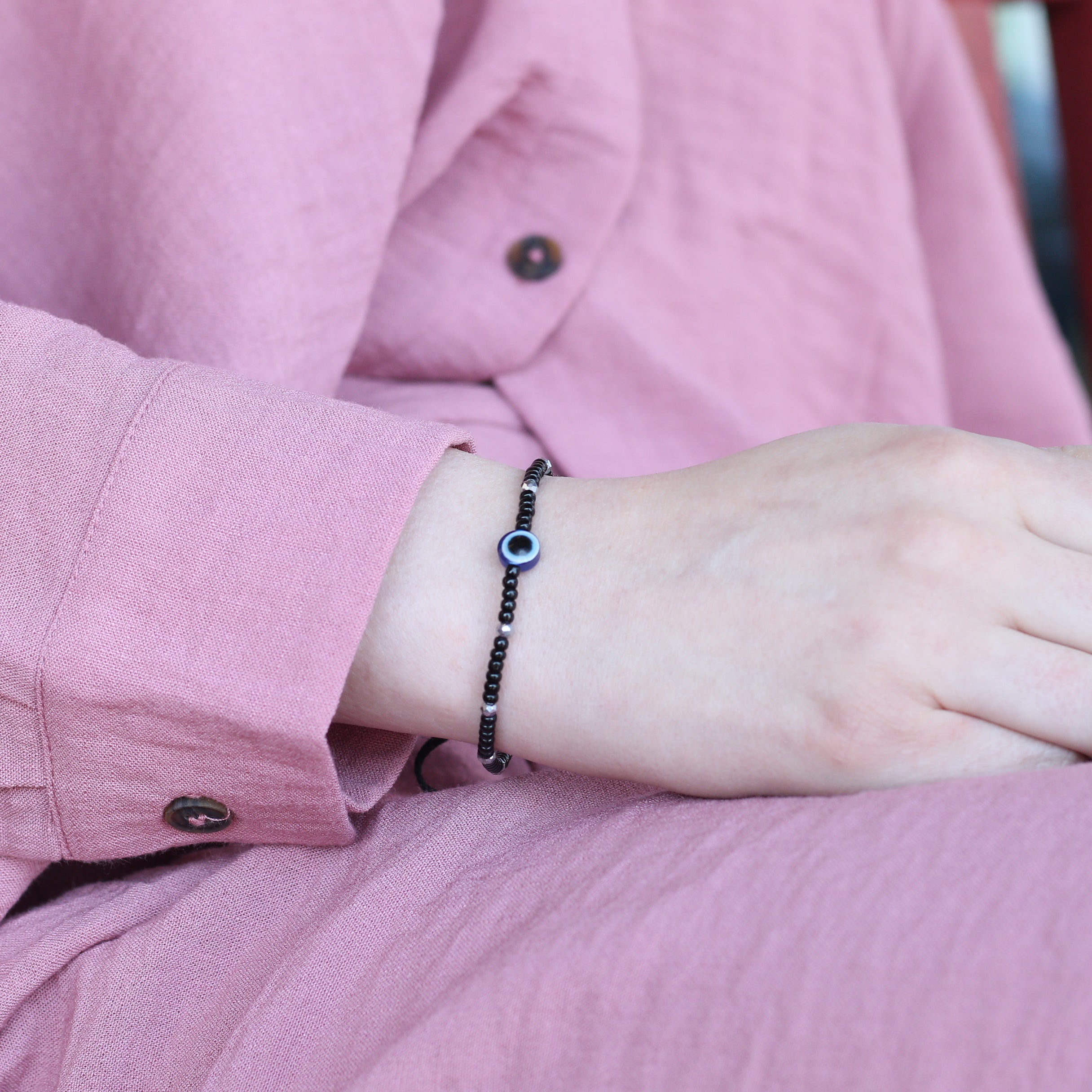 Adjustable Black Beads Evil Eye Bracelet For new borns and adults