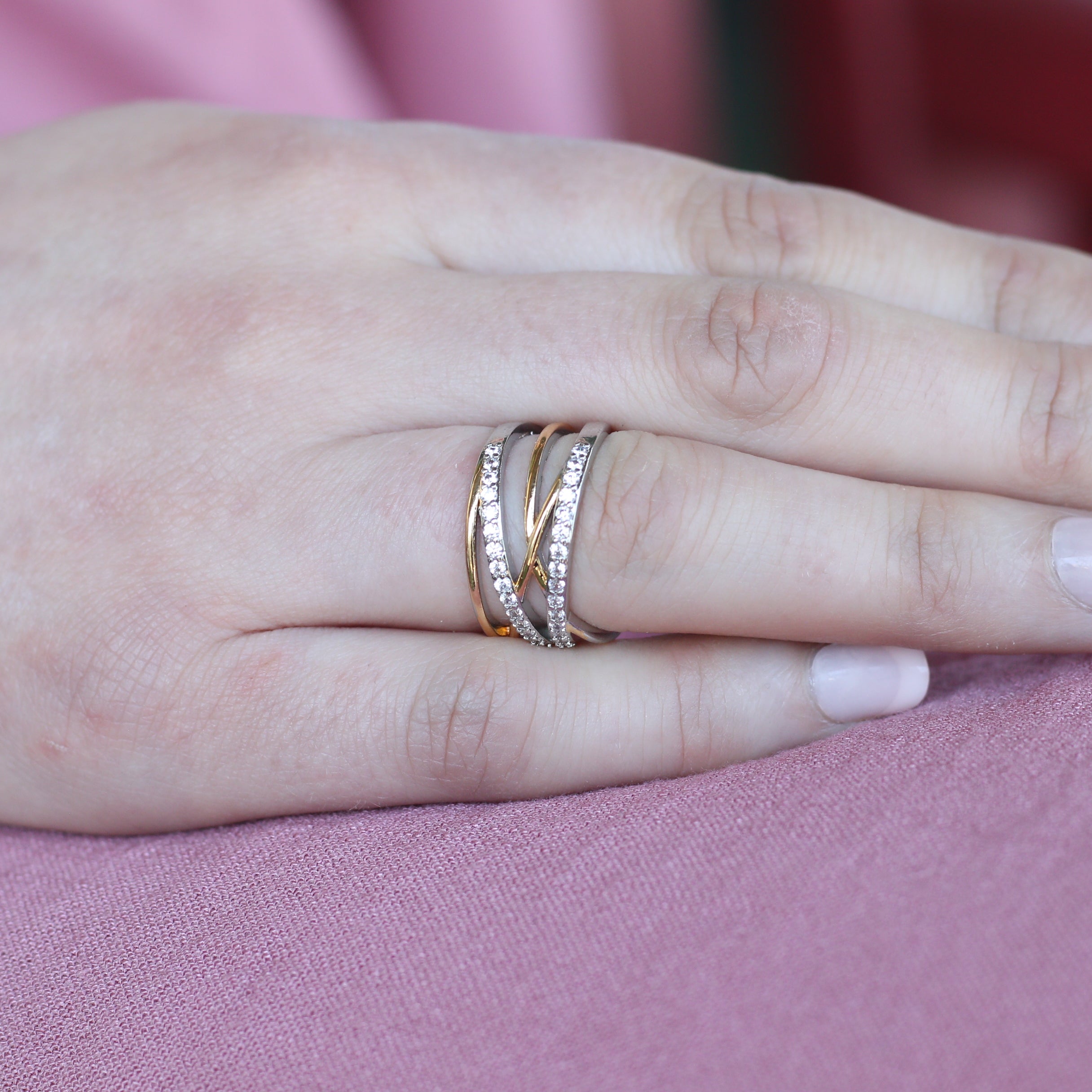 Cross Wide Silver Gold Stone Band Ring