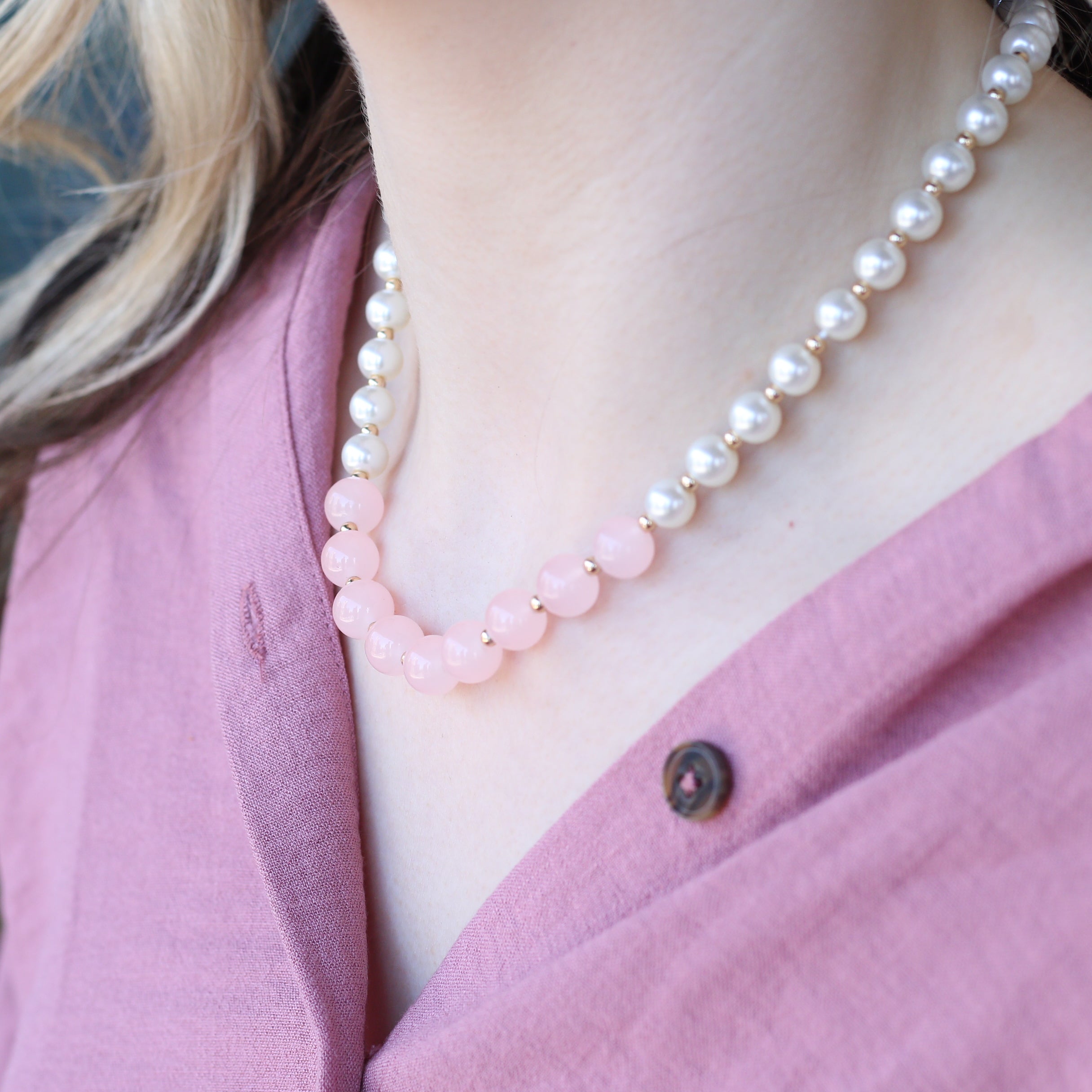 Large Ivory and Pink Round Pearl Bridesmaid Statement Choker Necklace