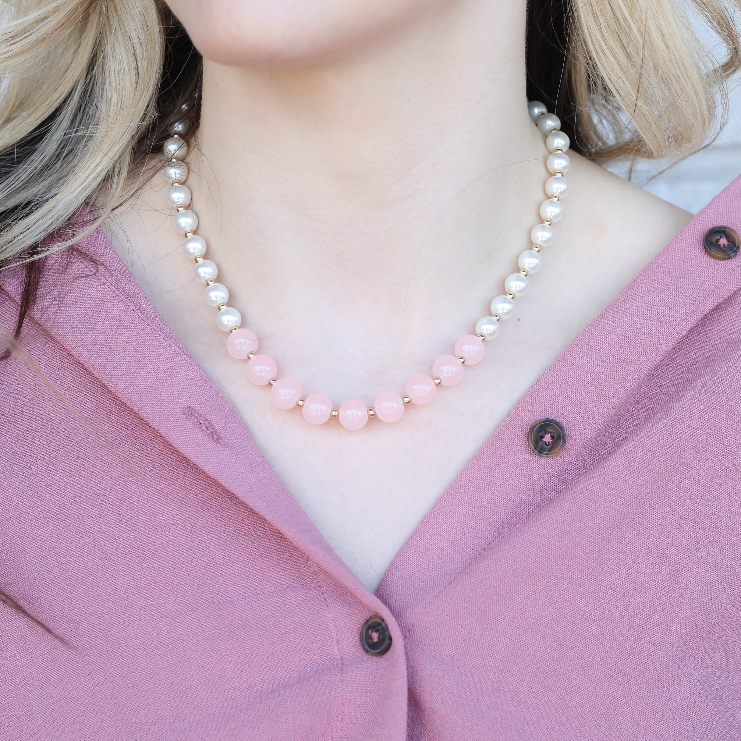 Large Ivory and Pink Round Pearl Bridesmaid Statement Choker Necklace