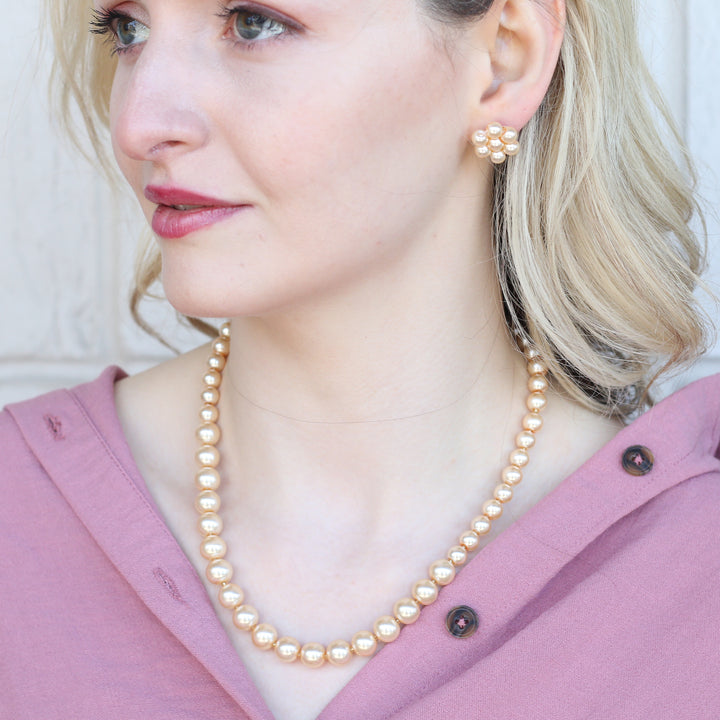 Large Golden Round Pearl Bridesmaid Statement Wedding Necklace  and Earring Set