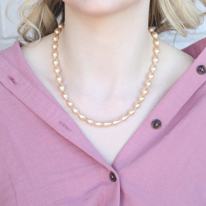 Golden Oval Shape Classic Diana Wedding Pearl Necklace and Earring Set