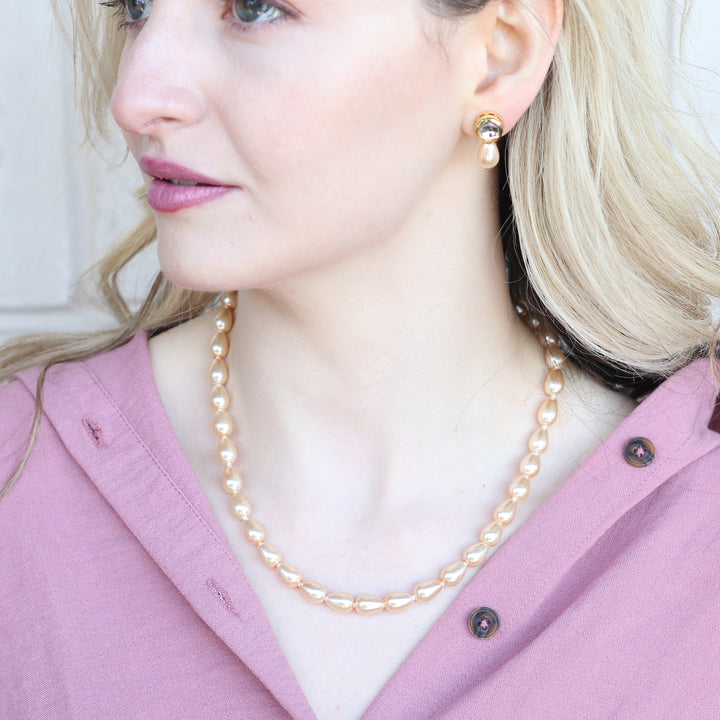 Golden Oval Shape Classic Diana Wedding Pearl Necklace and Earring Set
