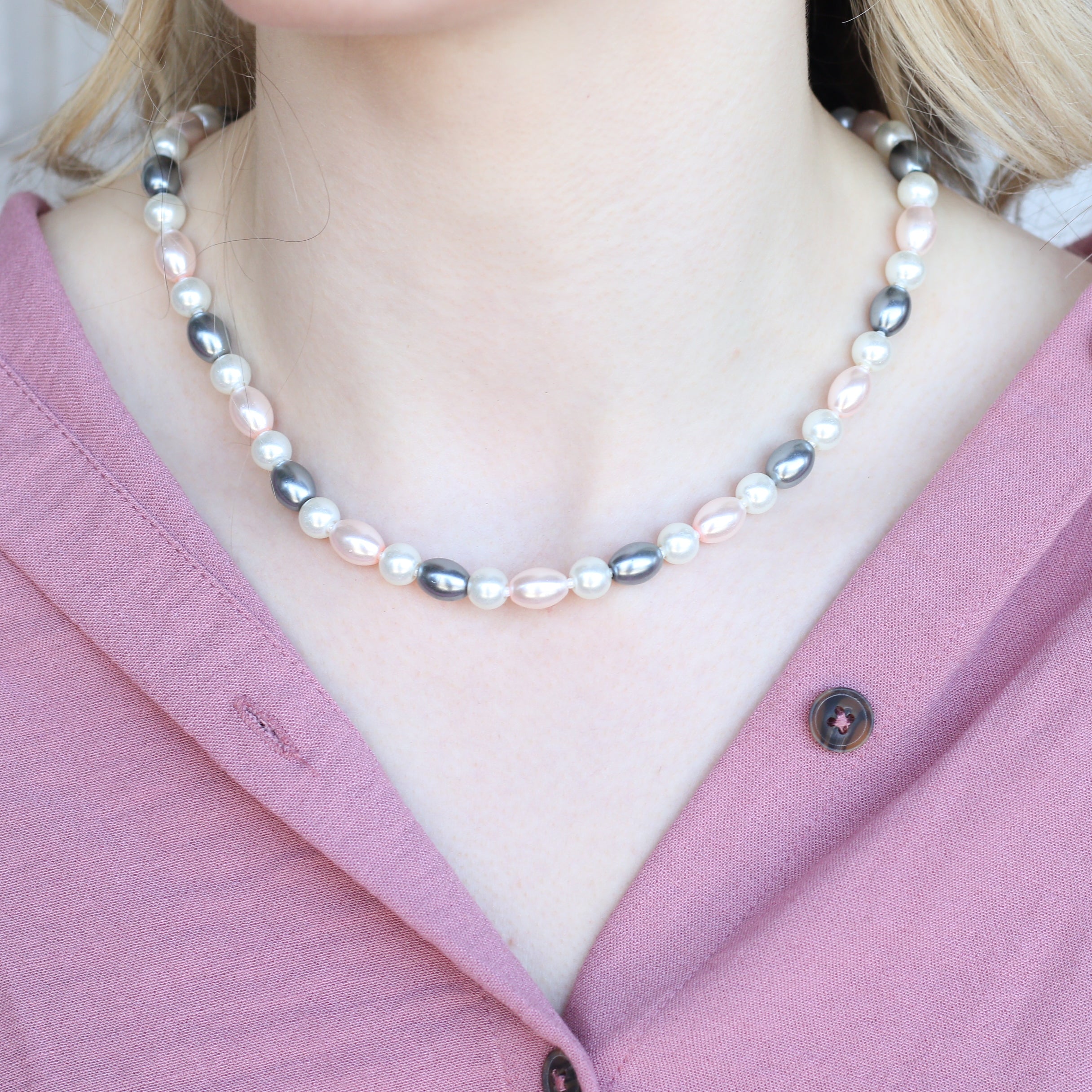Large White Grey Round Oval Pearl Necklace and Earring Set