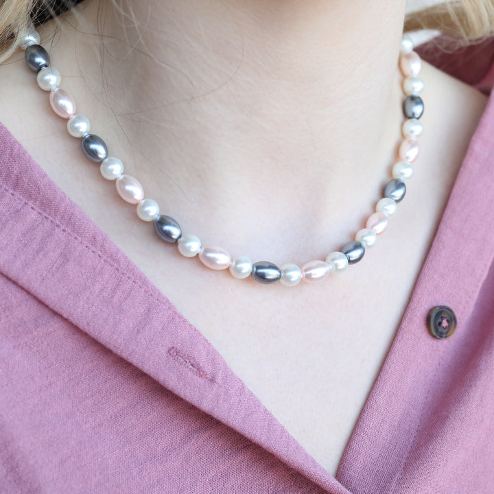 Large White Grey Round Oval Pearl Necklace and Earring Set
