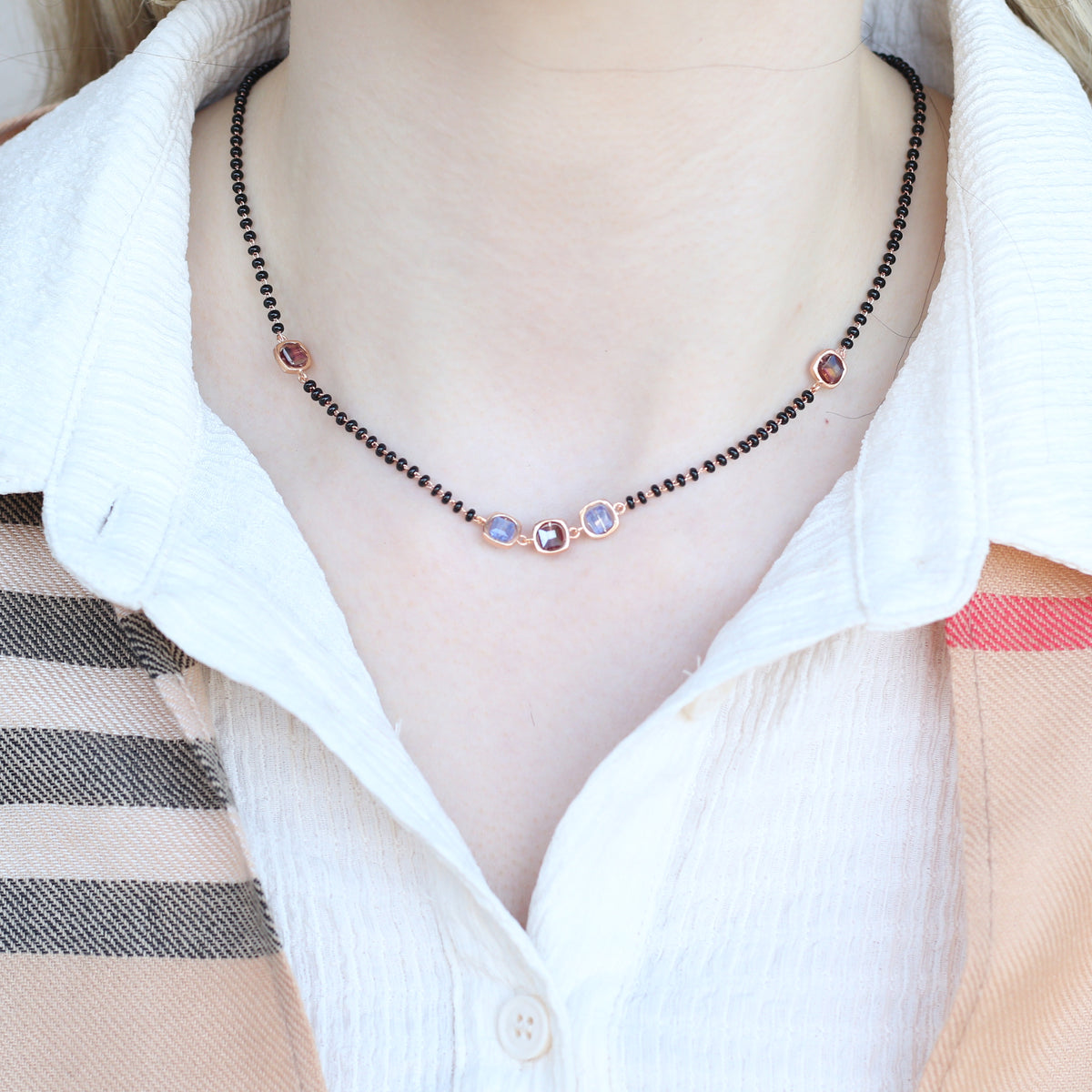 Black bead 18ct gold plated blue stone slim mangalsutra Pendant Necklace — Boho Jewellery UK | The Colourful Aura