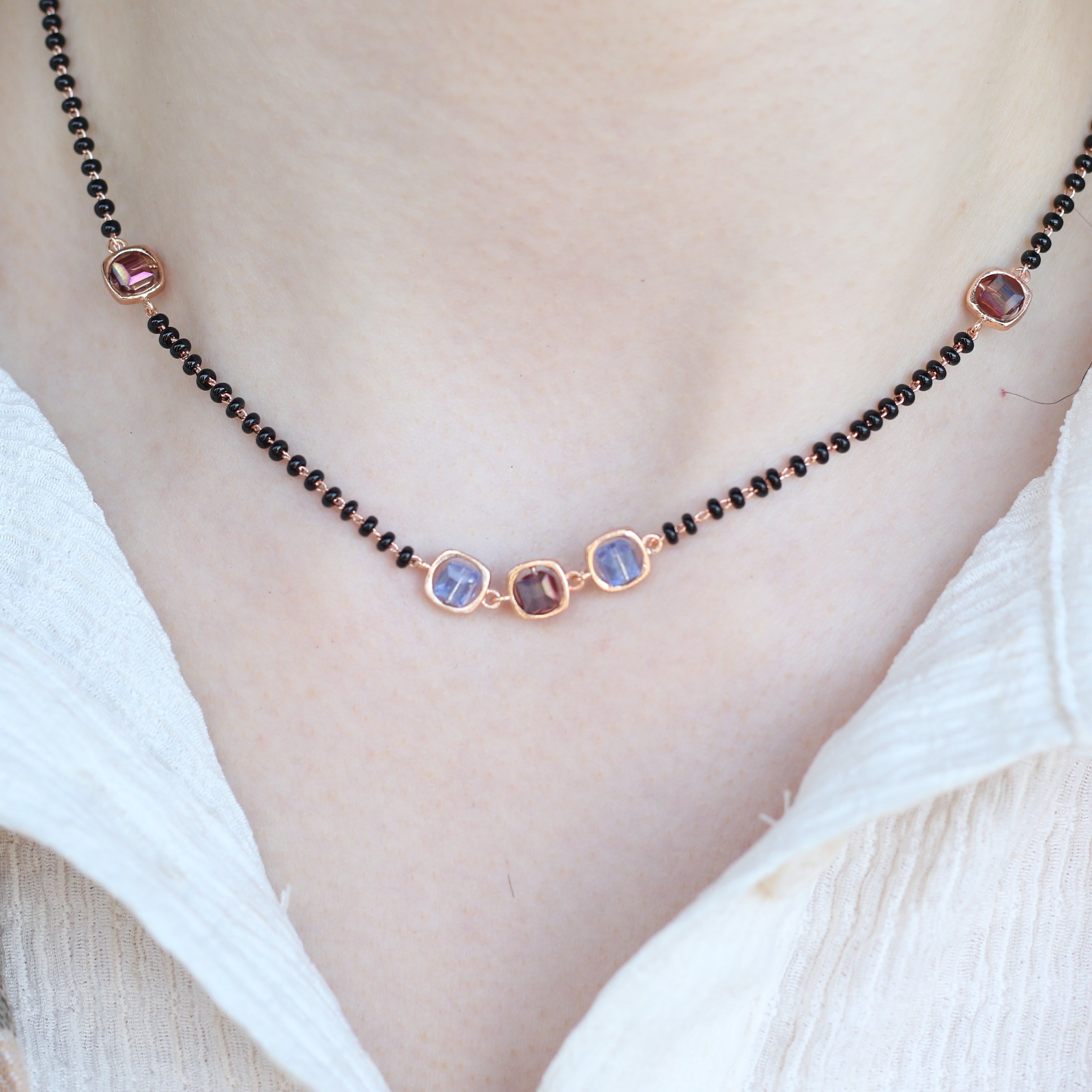 Black bead 18ct gold plated blue stone slim mangalsutra Pendant Necklace