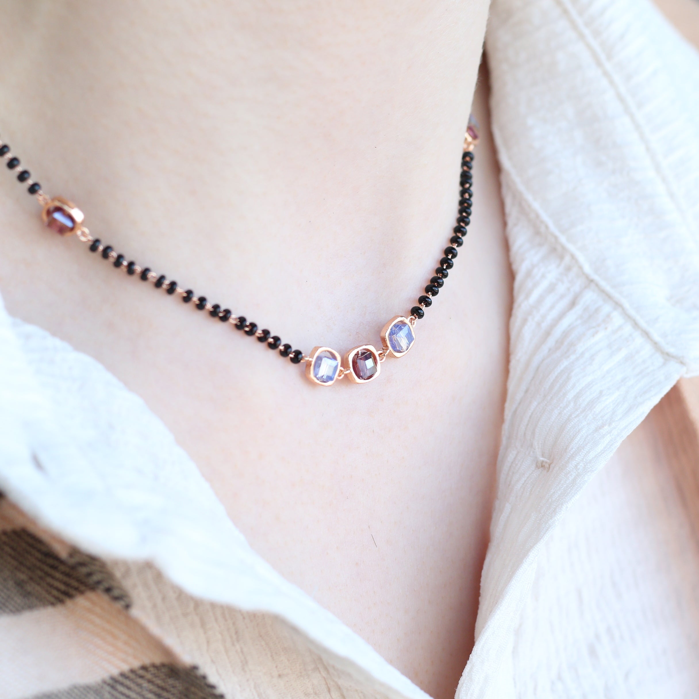 Black bead 18ct gold plated blue stone slim mangalsutra Pendant Necklace