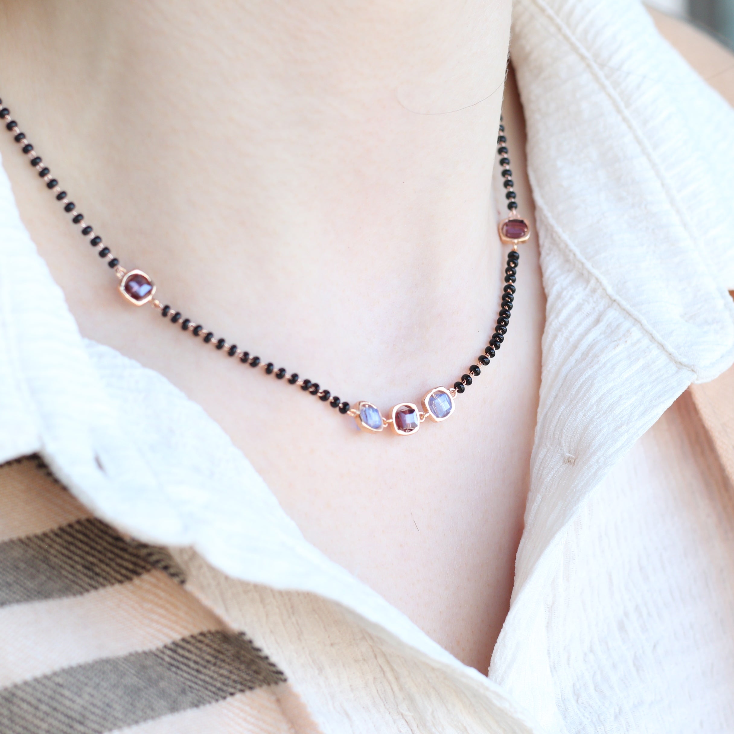 Black bead 18ct gold plated blue stone slim mangalsutra Pendant Necklace