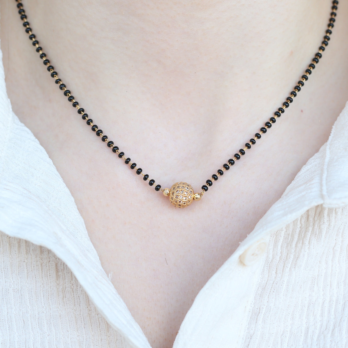 Indian Gold Plated Black Bead Everyday Mangalsutra Minimalist Nazaria Necklace — Boho Jewellery UK | The Colourful Aura