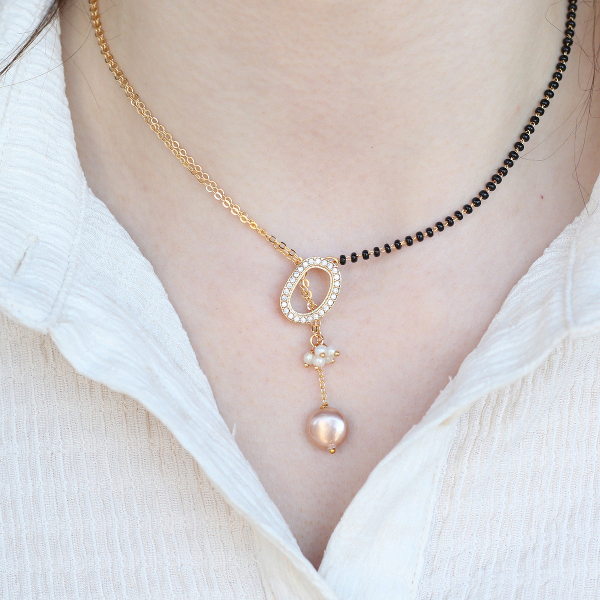 Half Black Bead Gold plated Oval Pearl Y shape Lariat Mangalsutra — Boho Jewellery UK | The Colourful Aura