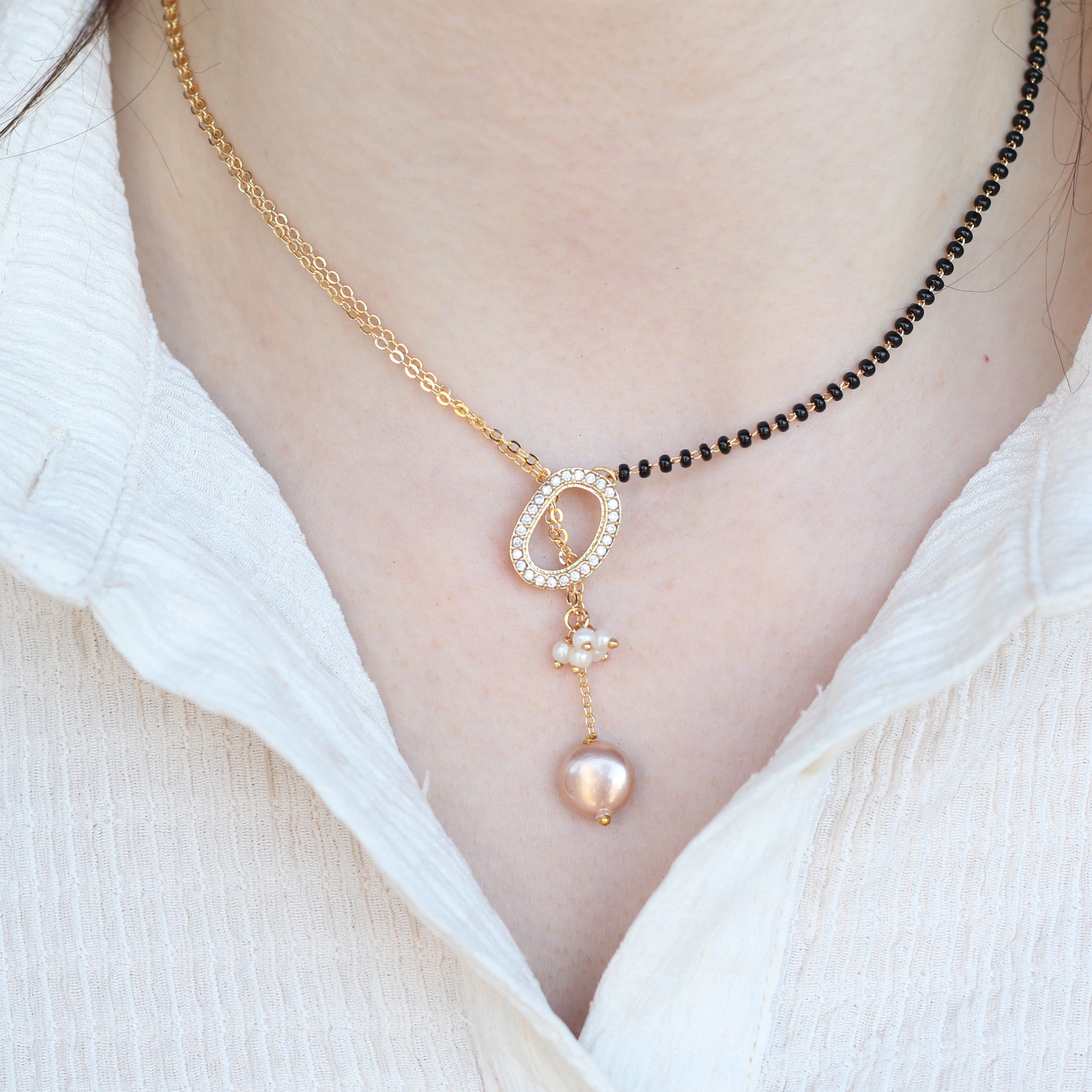 Half Black Bead Gold plated Oval Pearl Y shape Lariat Mangalsutra