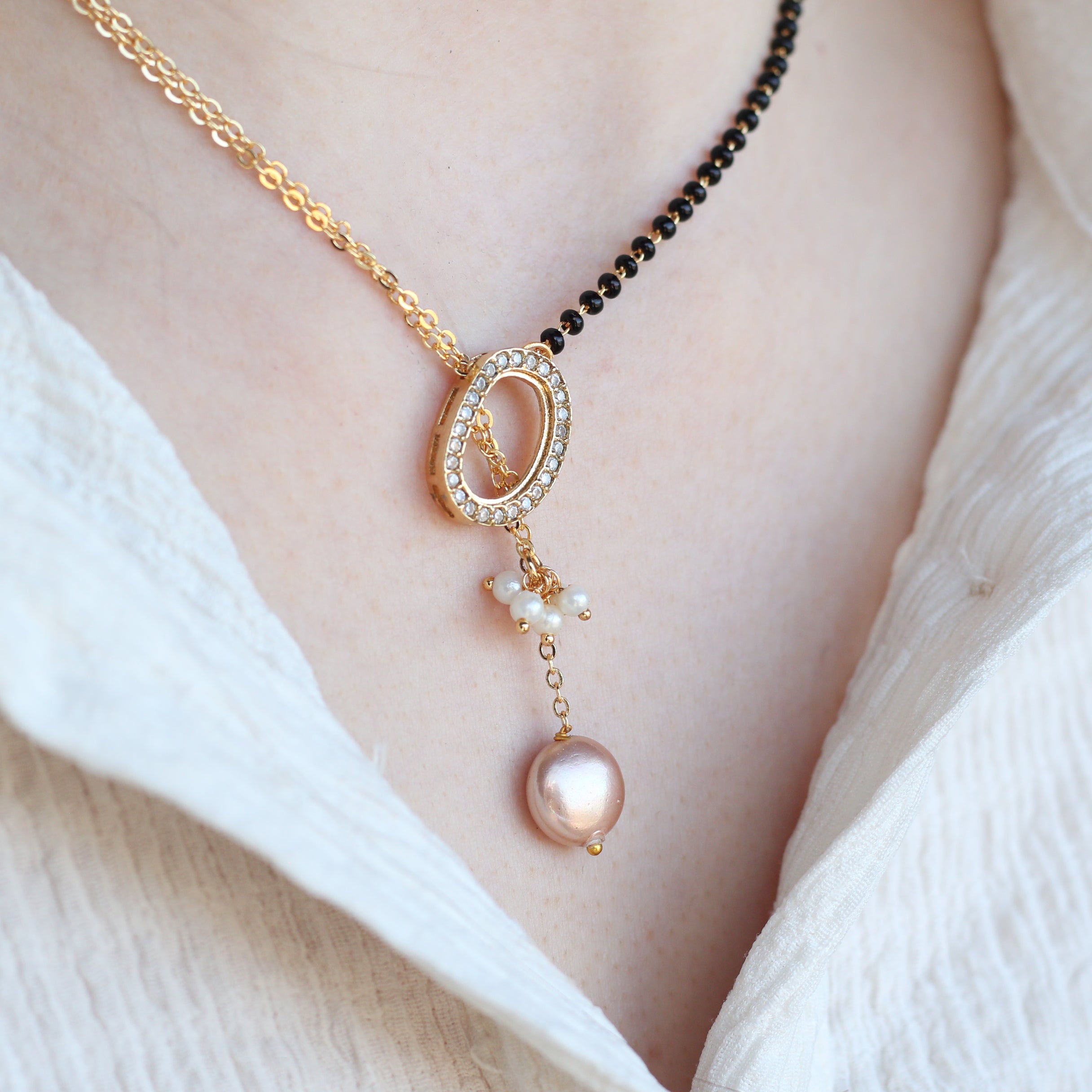 Half Black Bead Gold plated Oval Pearl Y shape Lariat Mangalsutra