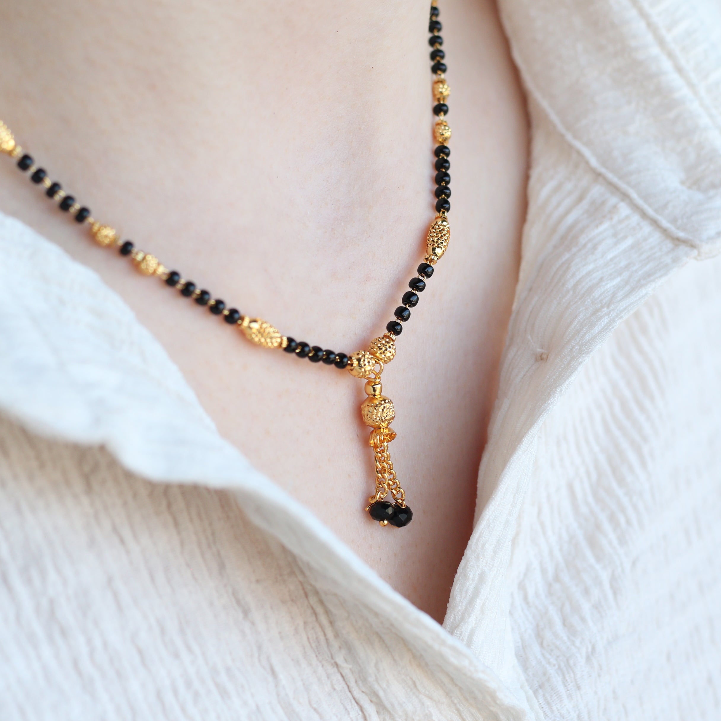 Gold Black Beaded Indian Asian Nazar Mangalsutra Choker Pendant Necklace
