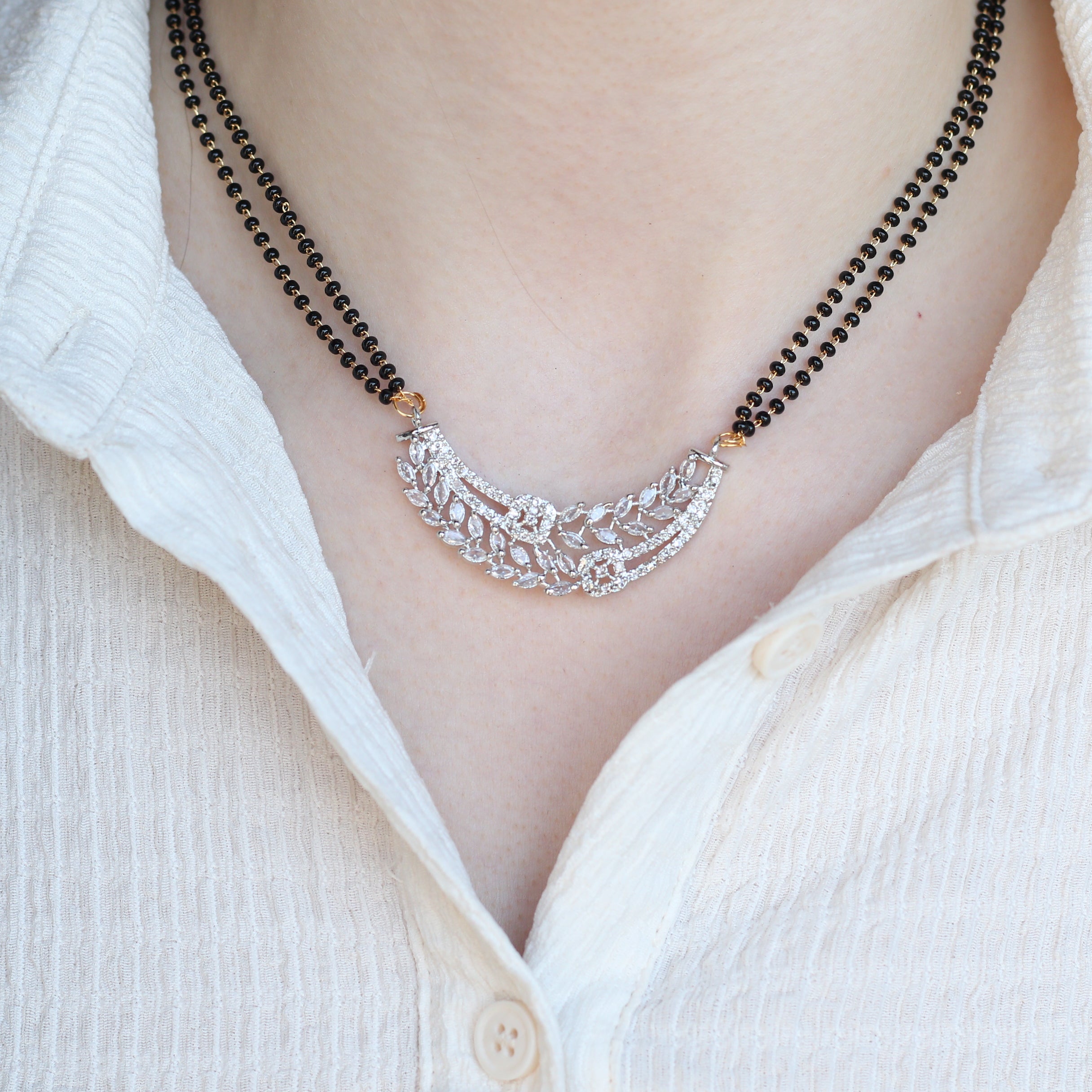 Indian Nazaria Silver Floral Zircon Mangalsutra Black Beads Earring and Pendant Necklace