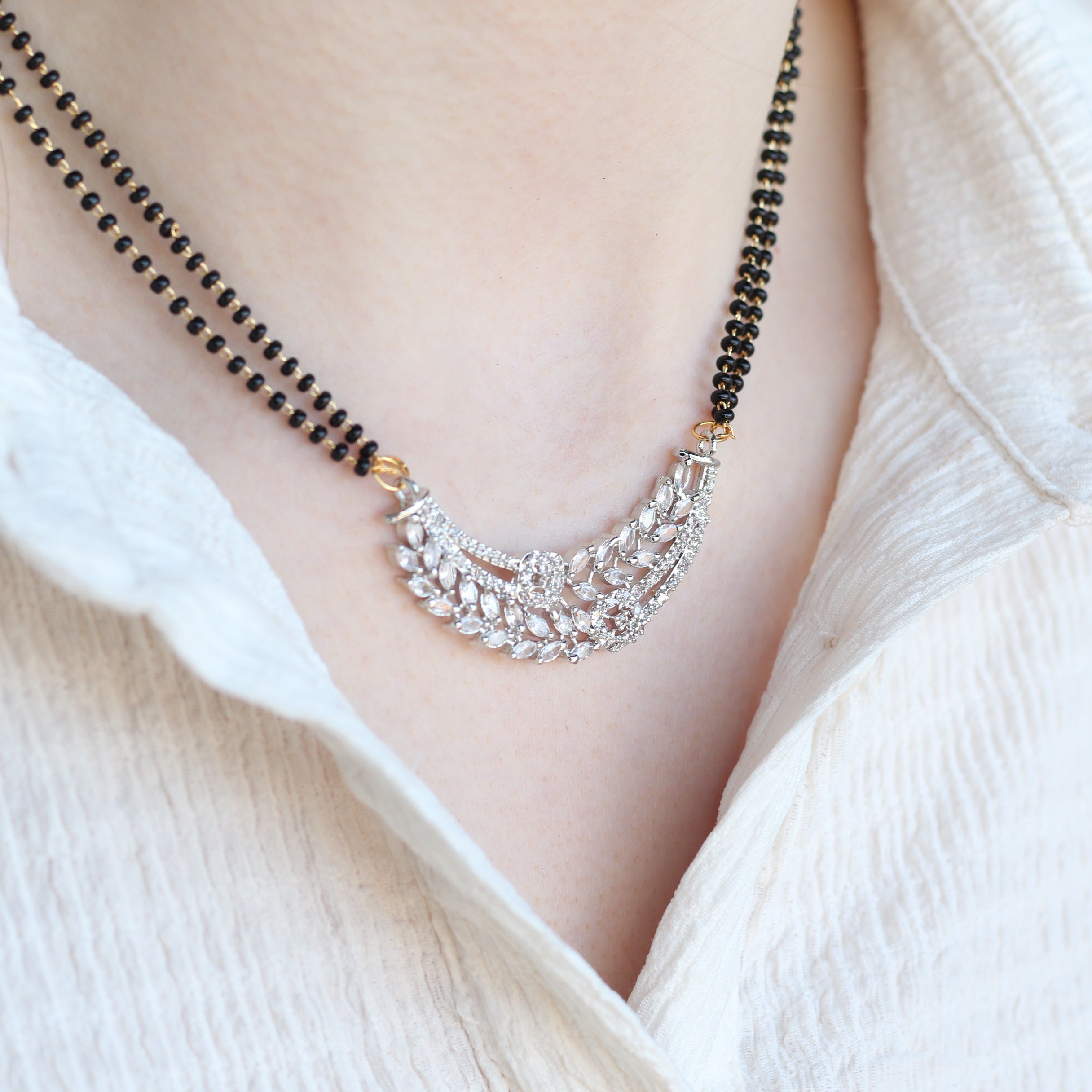 Indian Nazaria Silver Floral Zircon Mangalsutra Black Beads Earring and Pendant Necklace