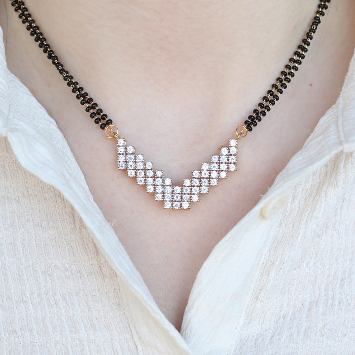 Indian Nazaria Silver Zircon Mangalsutra Black Beads Earring and Pendant Necklace