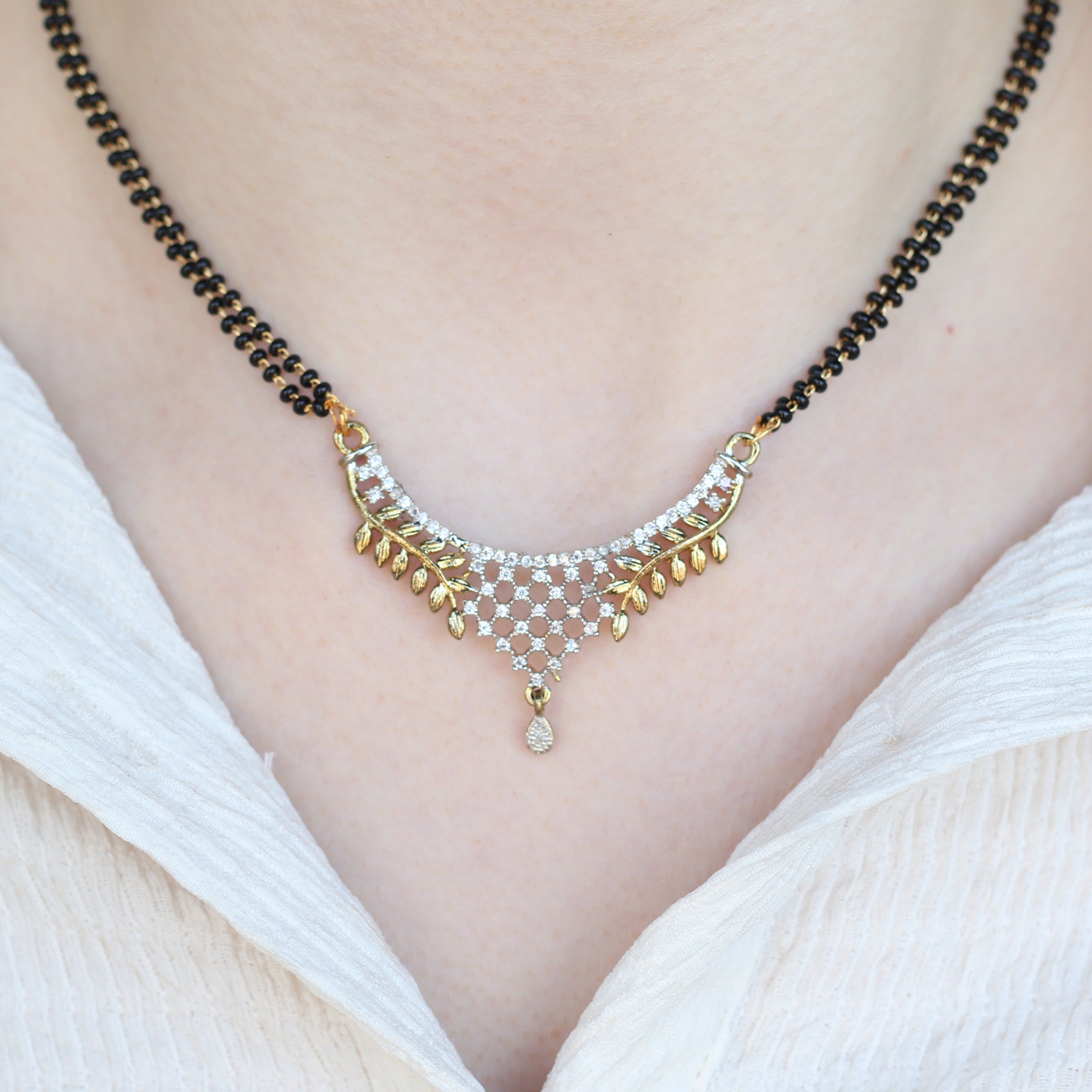Indian Nazaria Silver Zircon Mangalsutra Black Beads Earring and Pendant Necklace