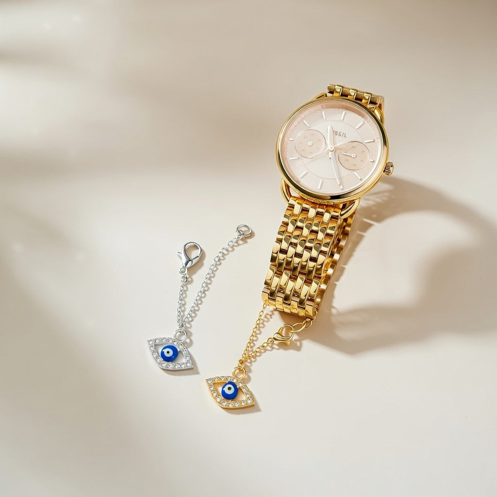 Dainty Evil Eye Zircon Watch Strap Dangle Wrist Watch Turkish Charm — Boho Jewellery UK | The Colourful Aura