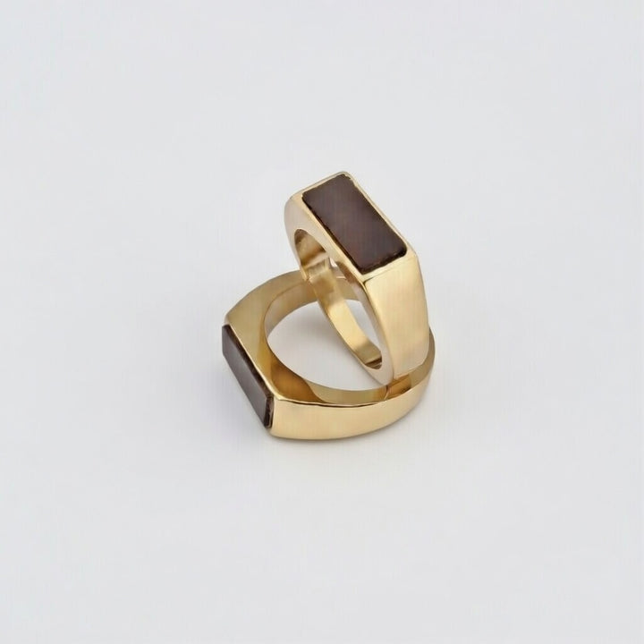 Flat Top Rectangle Thin Black Signet Solid Brass 18ct Gold Ring — Boho Jewellery UK | The Colourful Aura