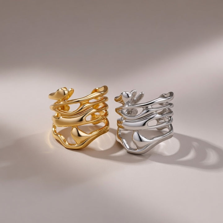Abstract Fluid Wrap Wide Adjustable Band Gold or Silver Ring – The Colourful Aura