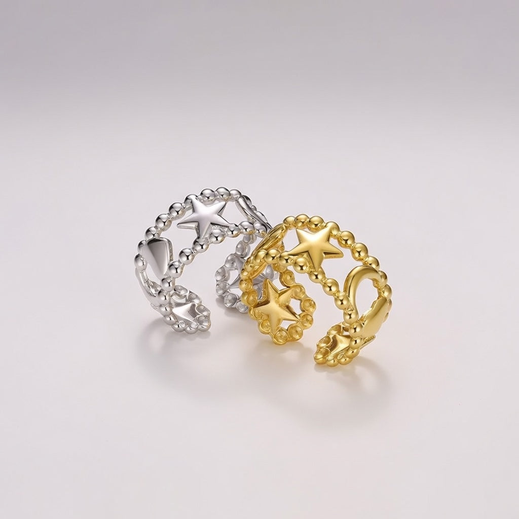 Celestial Star Moon Beaded Adjustable Ring Open Band (Gold/Silver) — Boho Jewellery UK | The Colourful Aura