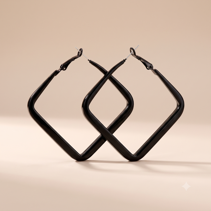 Black Square Geometric Large Dainty Threader Statement Hoop Earrings