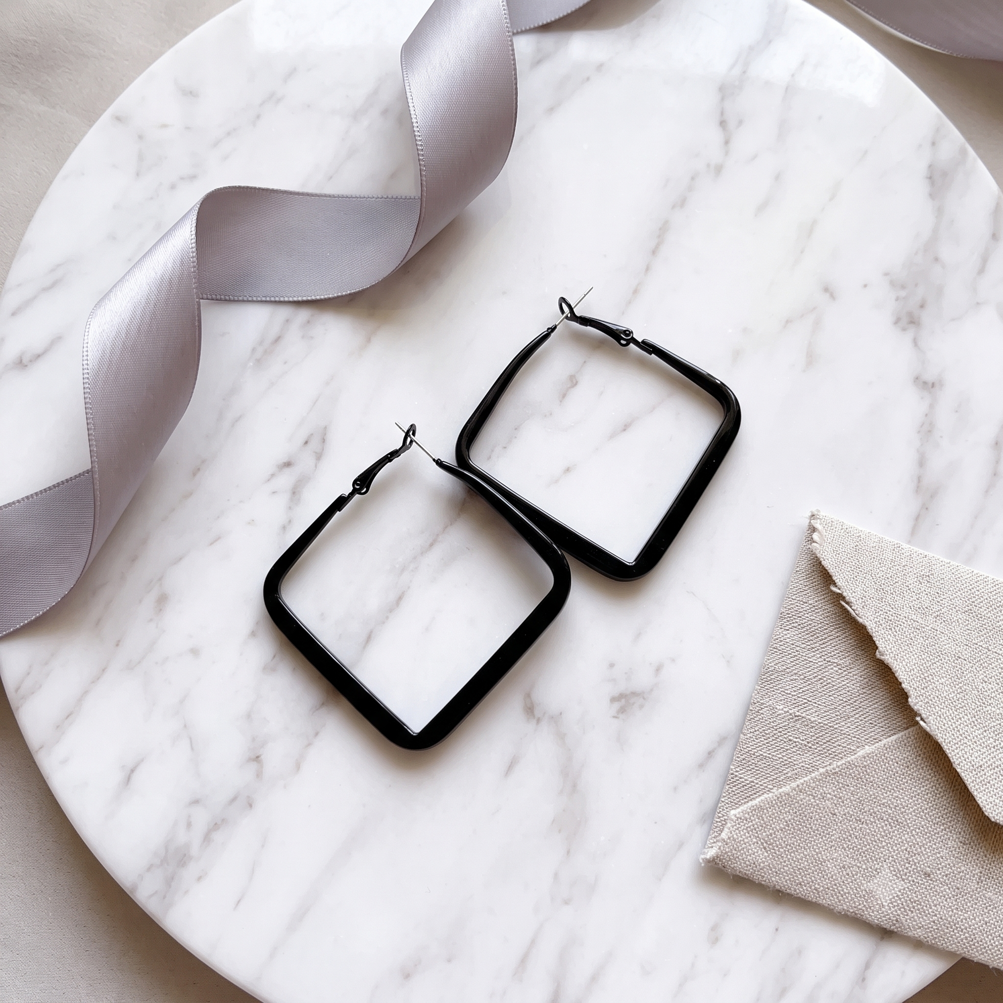 Black Square Geometric Large Dainty Threader Statement Hoop Earrings